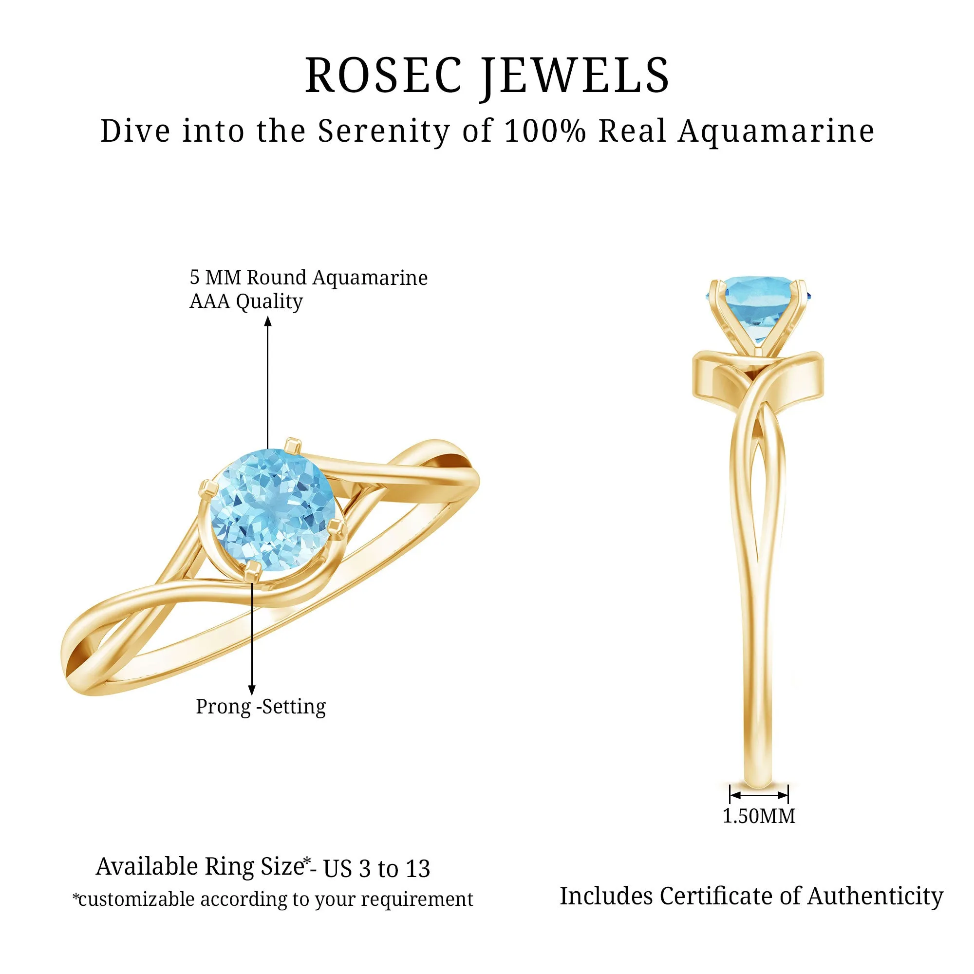 1/2 CT Round Cut Aquamarine Solitaire Ring in Square Prong Setting with Crossover Shank