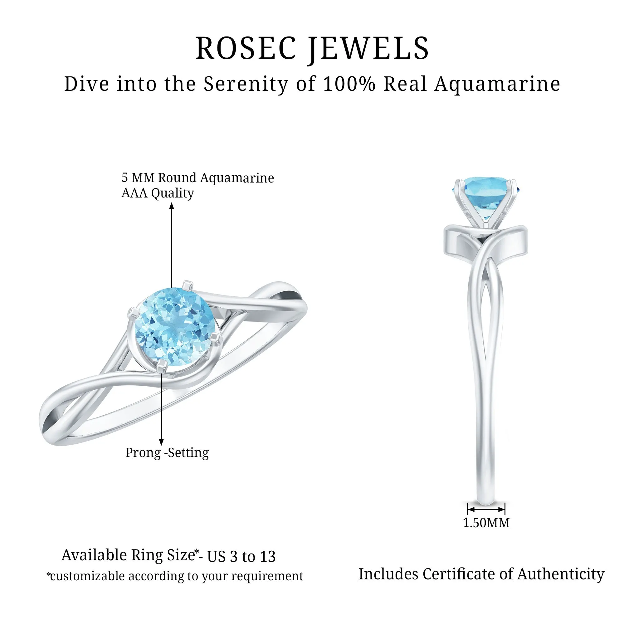 1/2 CT Round Cut Aquamarine Solitaire Ring in Square Prong Setting with Crossover Shank