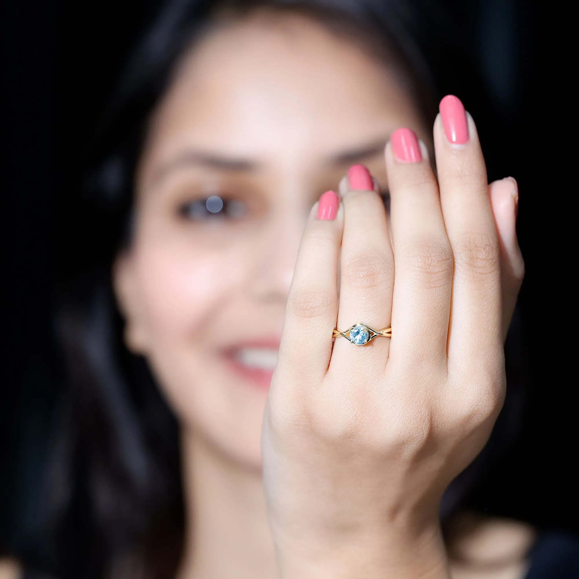 1/2 CT Round Cut Aquamarine Solitaire Ring in Square Prong Setting with Crossover Shank