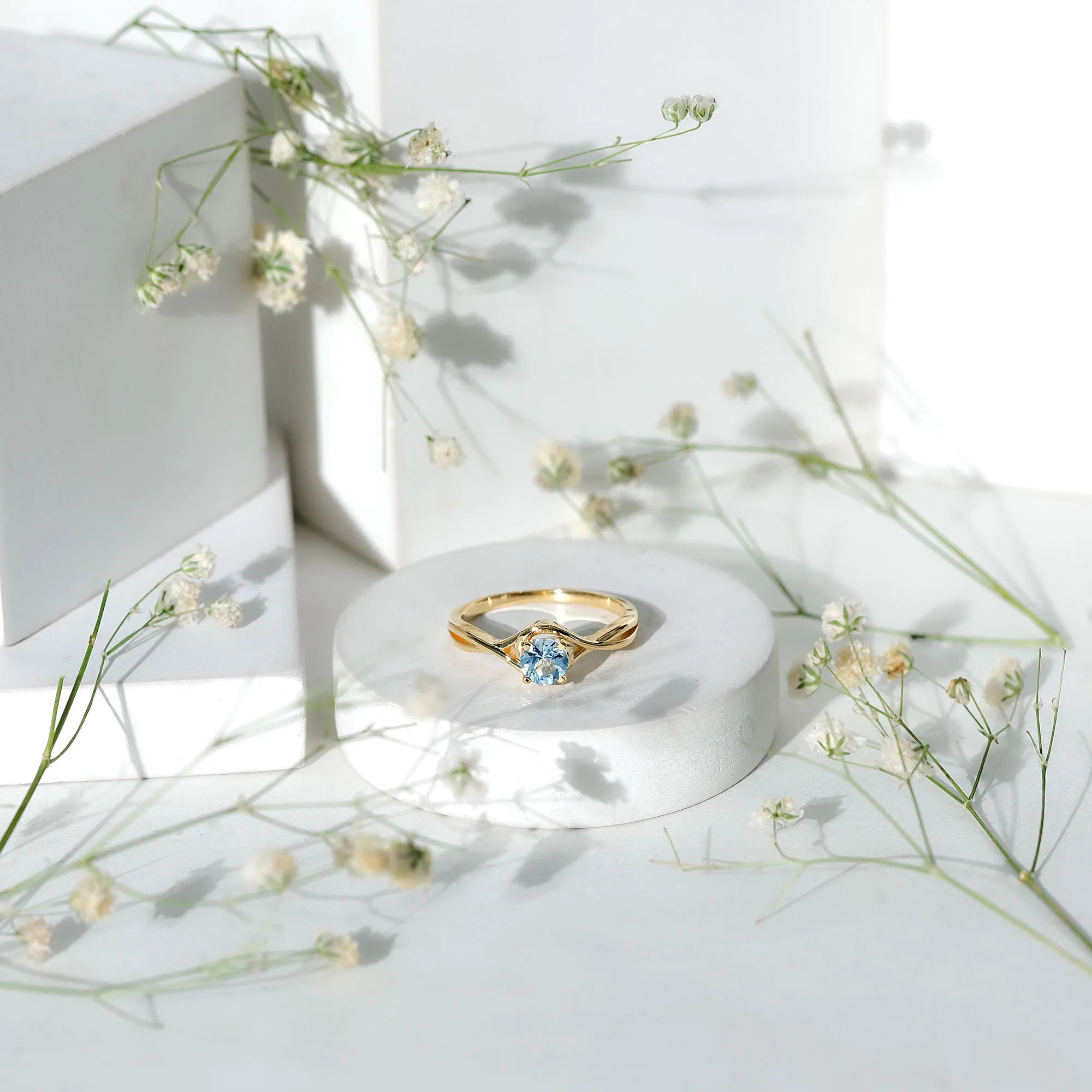 1/2 CT Round Cut Aquamarine Solitaire Ring in Square Prong Setting with Crossover Shank