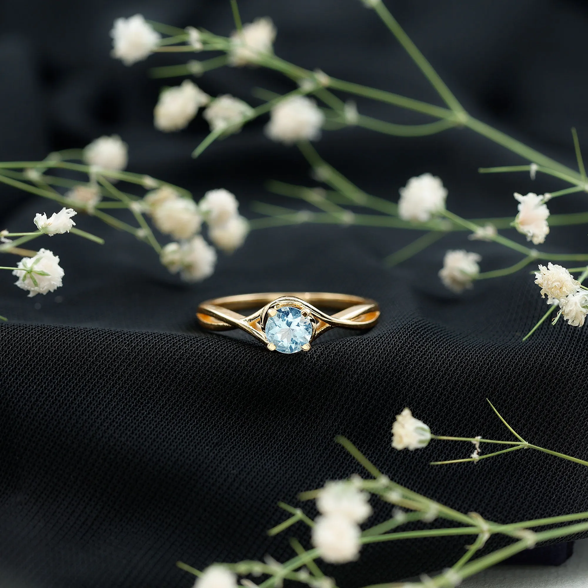 1/2 CT Round Cut Aquamarine Solitaire Ring in Square Prong Setting with Crossover Shank