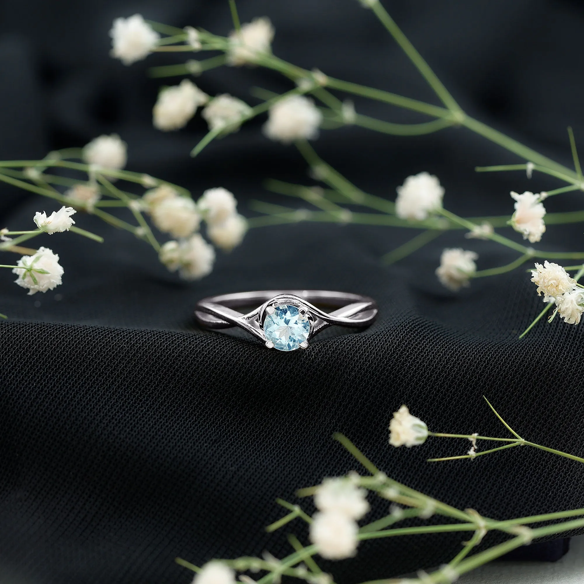 1/2 CT Round Cut Aquamarine Solitaire Ring in Square Prong Setting with Crossover Shank