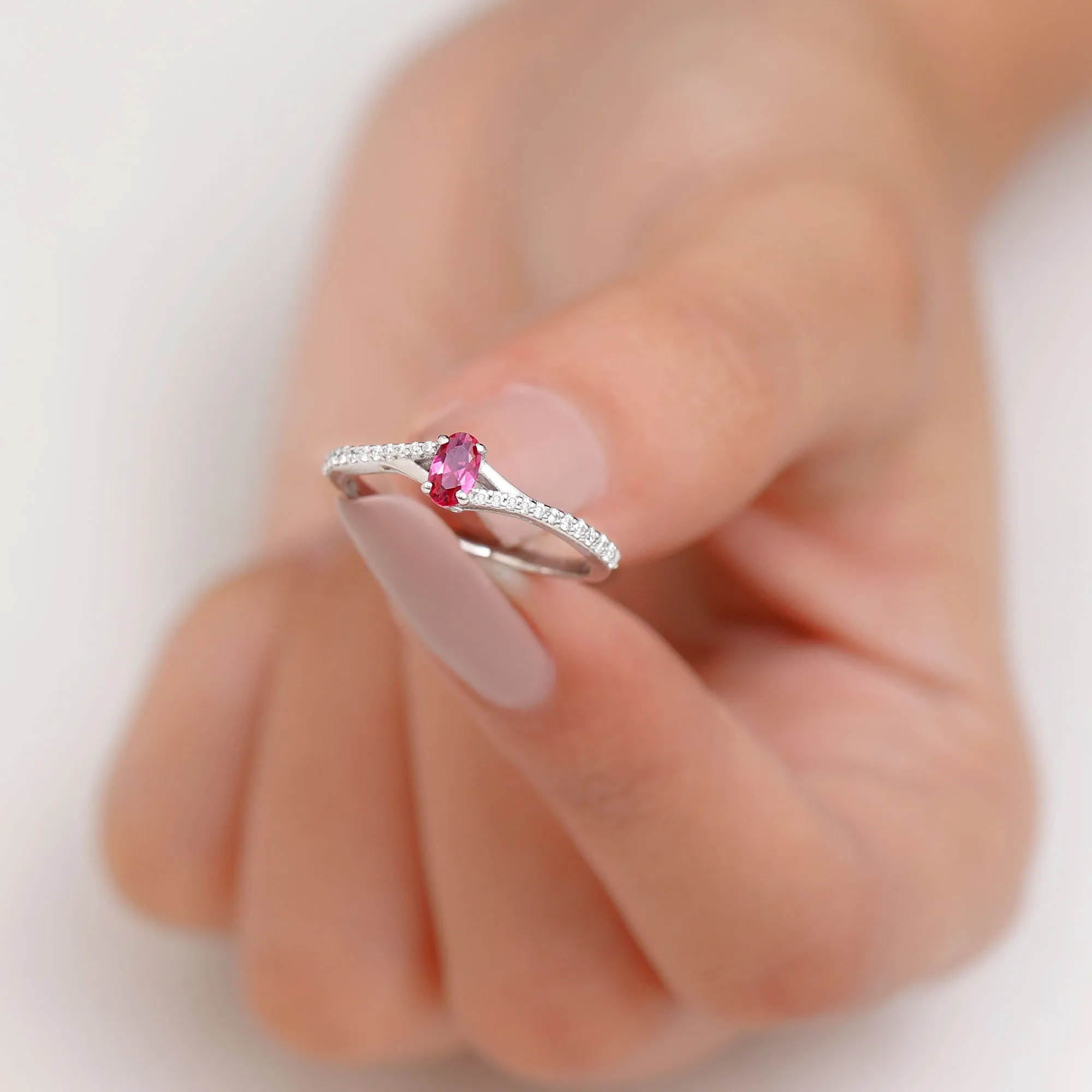 1/2 CT Split Shank Lab Grown Ruby Simple Solitaire Ring with Diamond