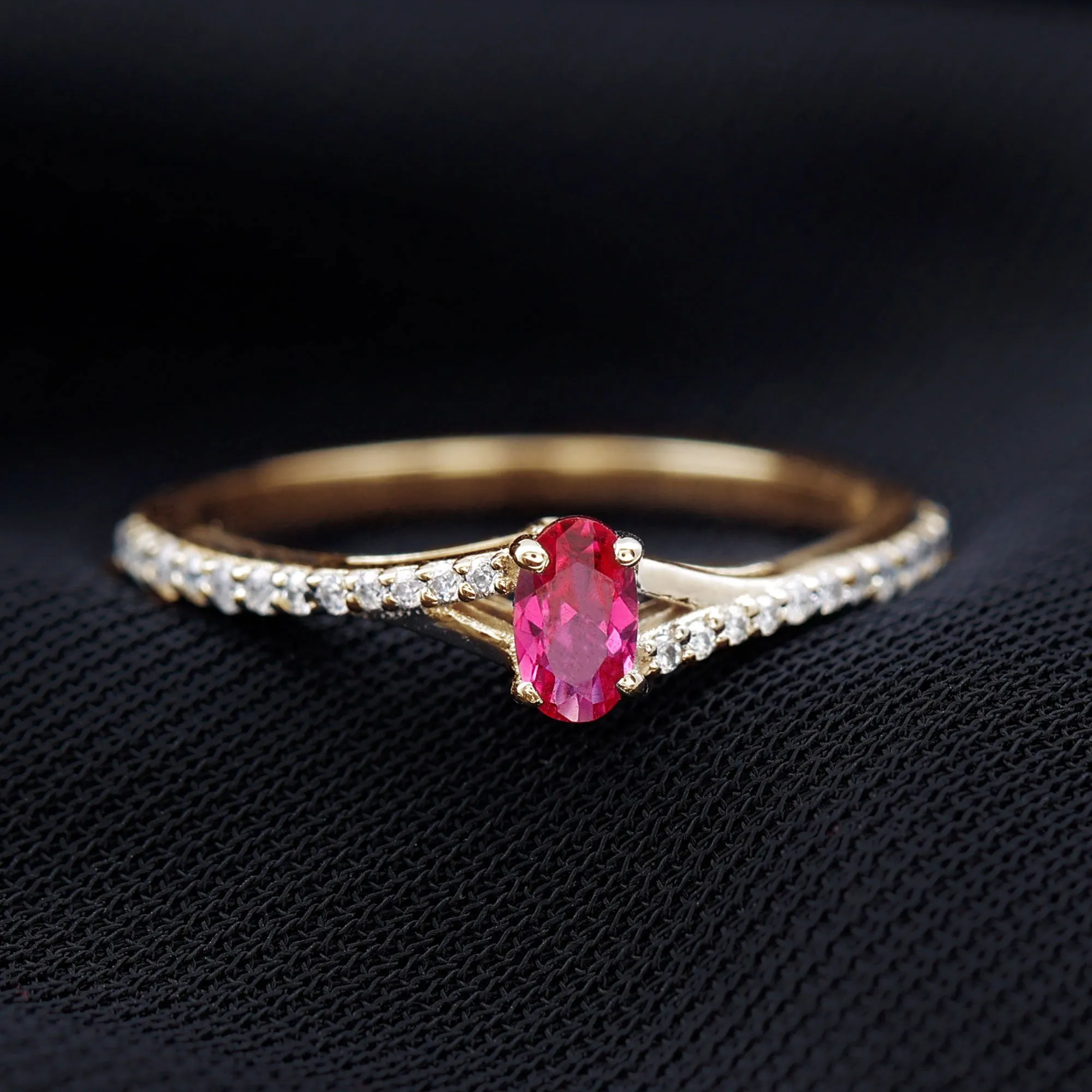 1/2 CT Split Shank Lab Grown Ruby Simple Solitaire Ring with Diamond
