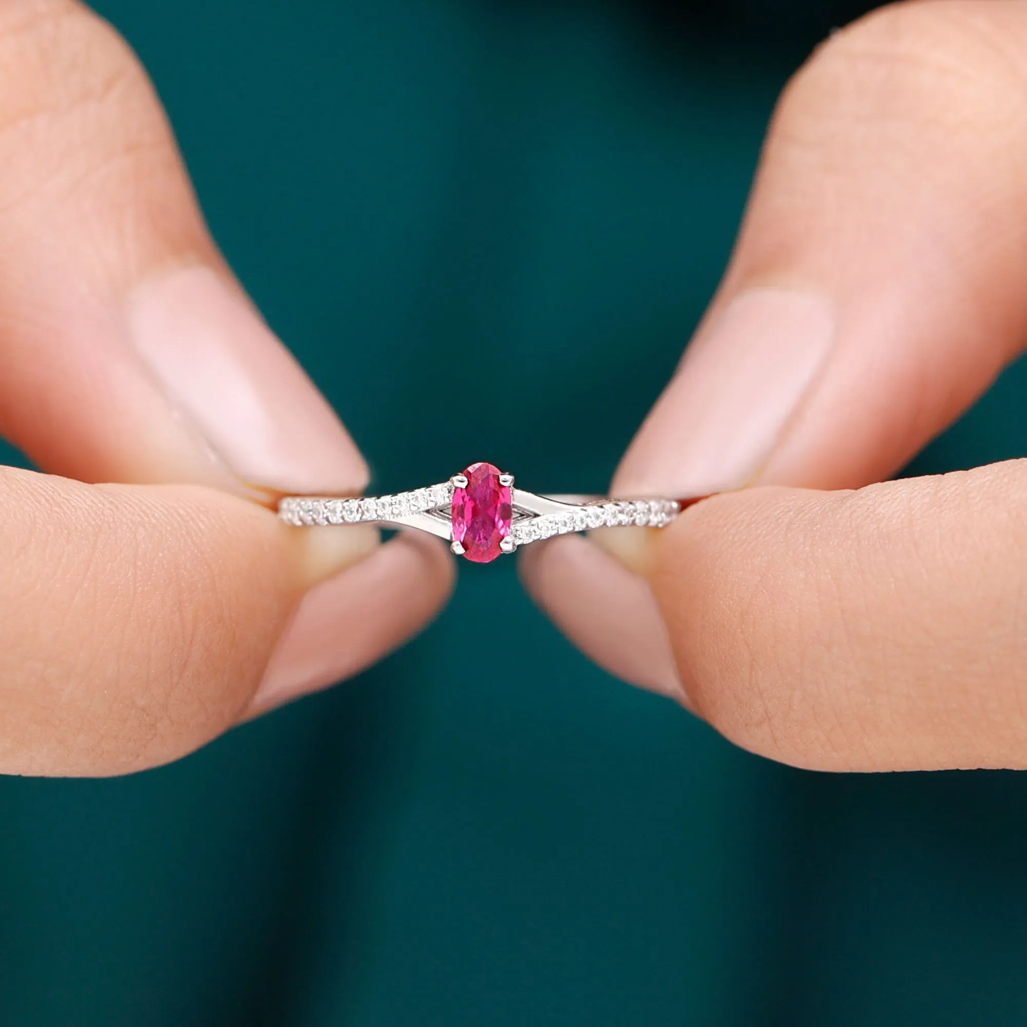 1/2 CT Split Shank Lab Grown Ruby Simple Solitaire Ring with Diamond
