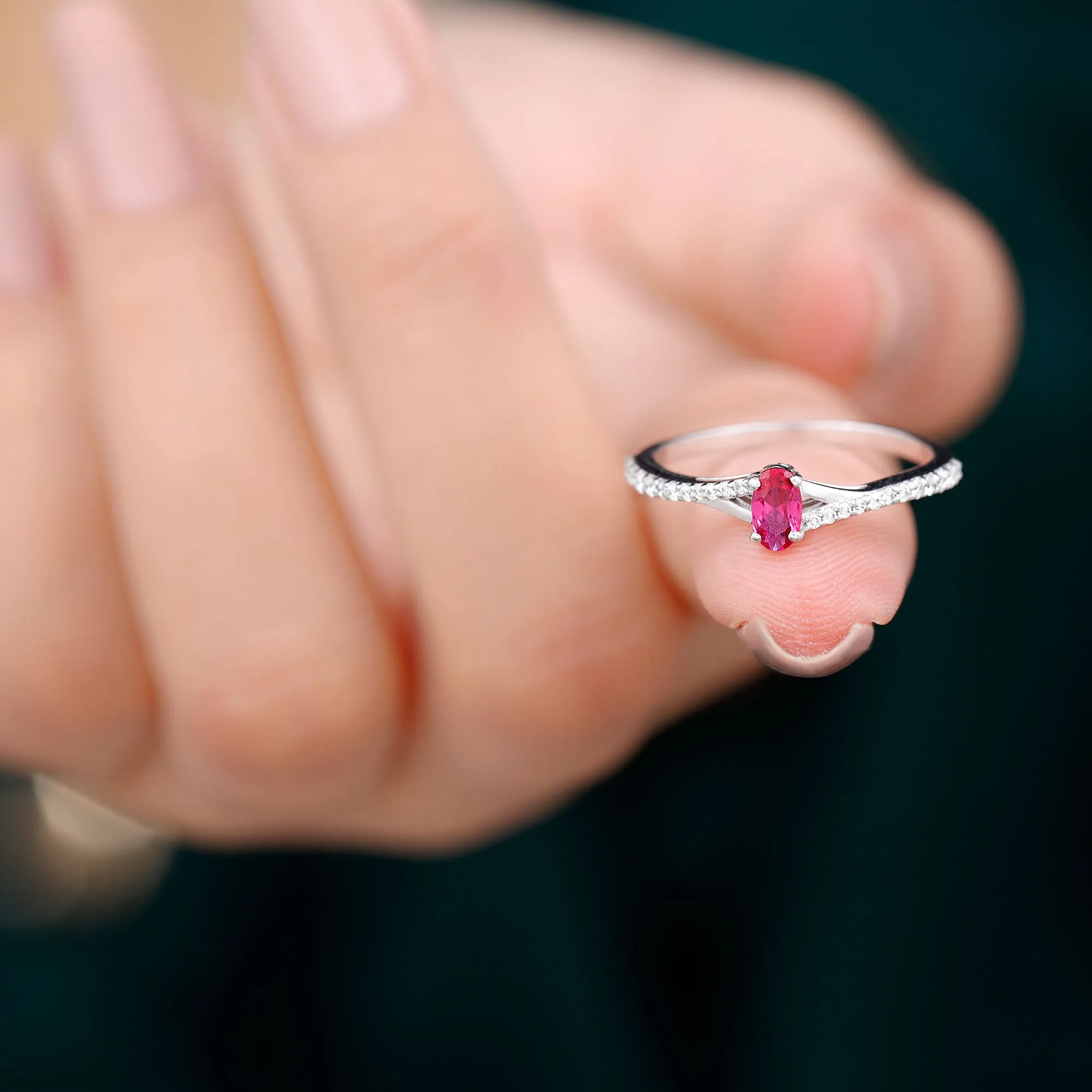 1/2 CT Split Shank Lab Grown Ruby Simple Solitaire Ring with Diamond
