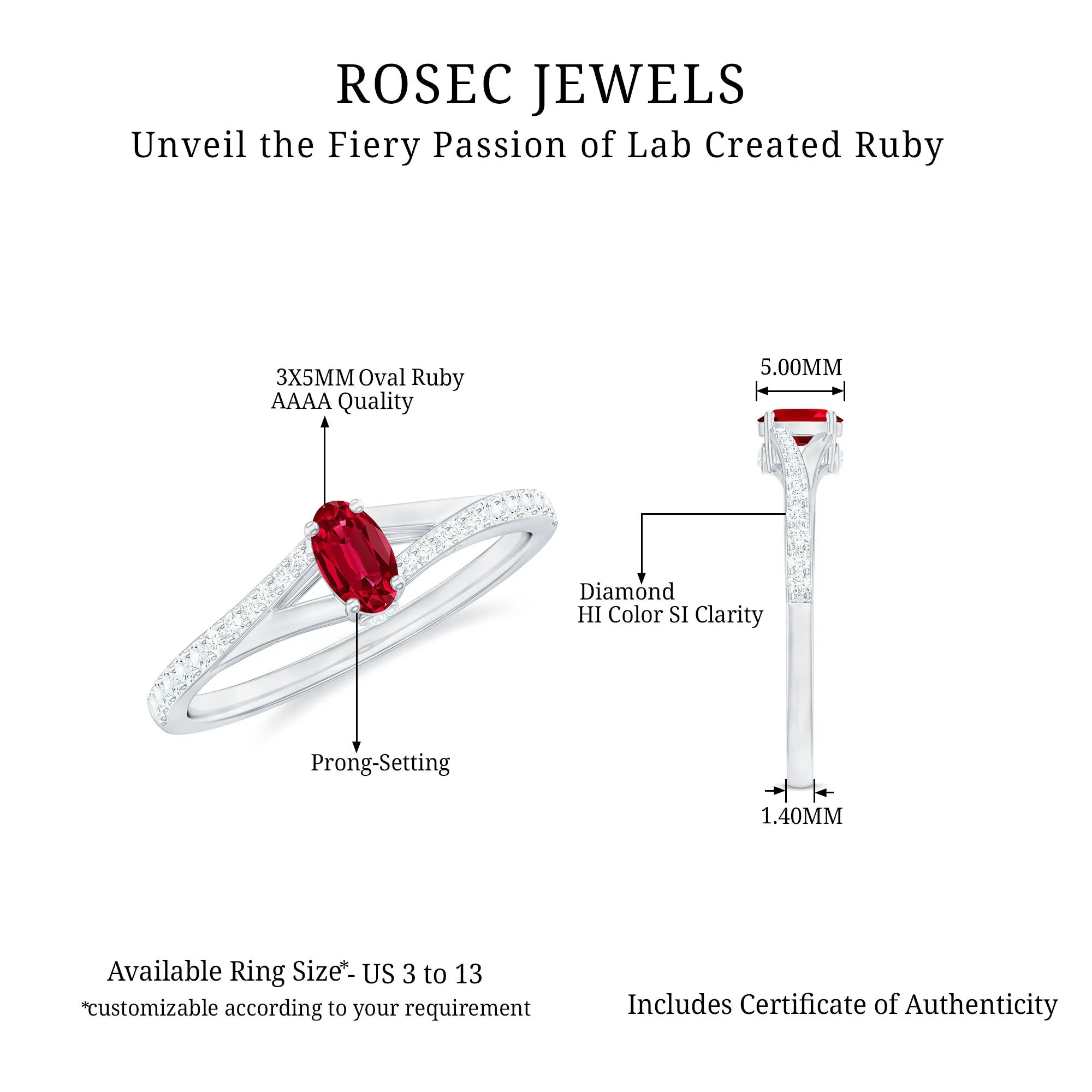 1/2 CT Split Shank Lab Grown Ruby Simple Solitaire Ring with Diamond