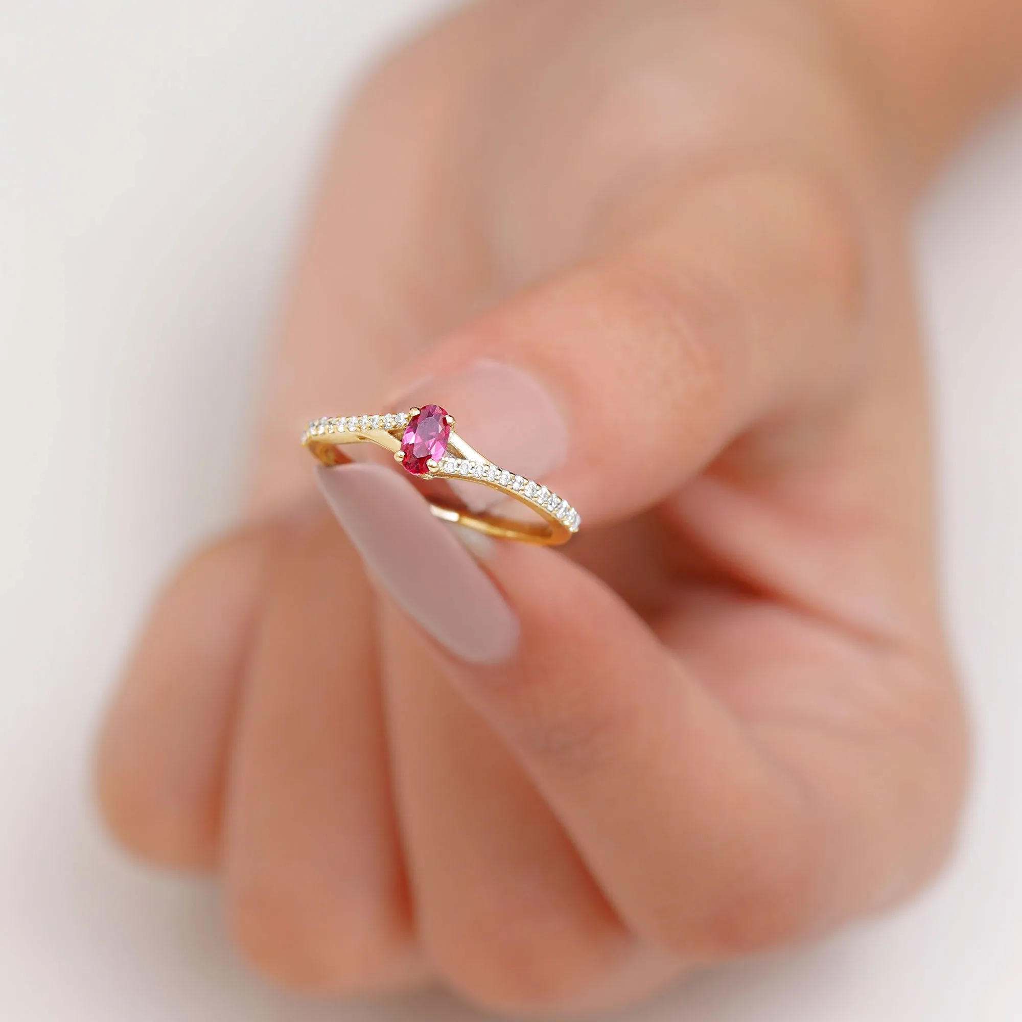 1/2 CT Split Shank Lab Grown Ruby Simple Solitaire Ring with Diamond