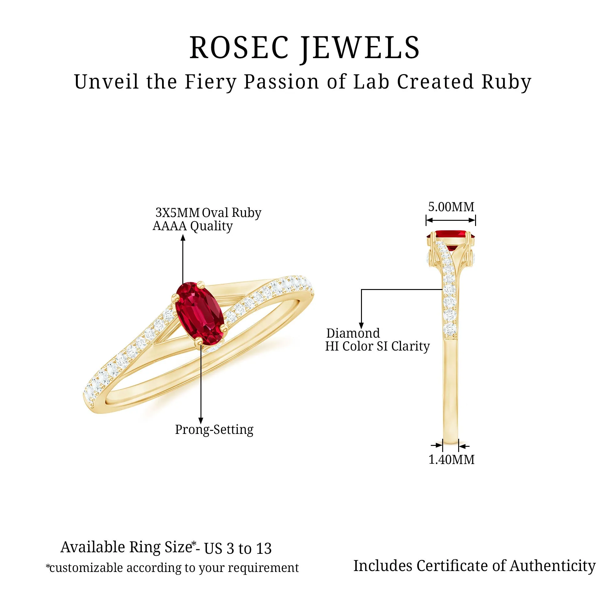 1/2 CT Split Shank Lab Grown Ruby Simple Solitaire Ring with Diamond