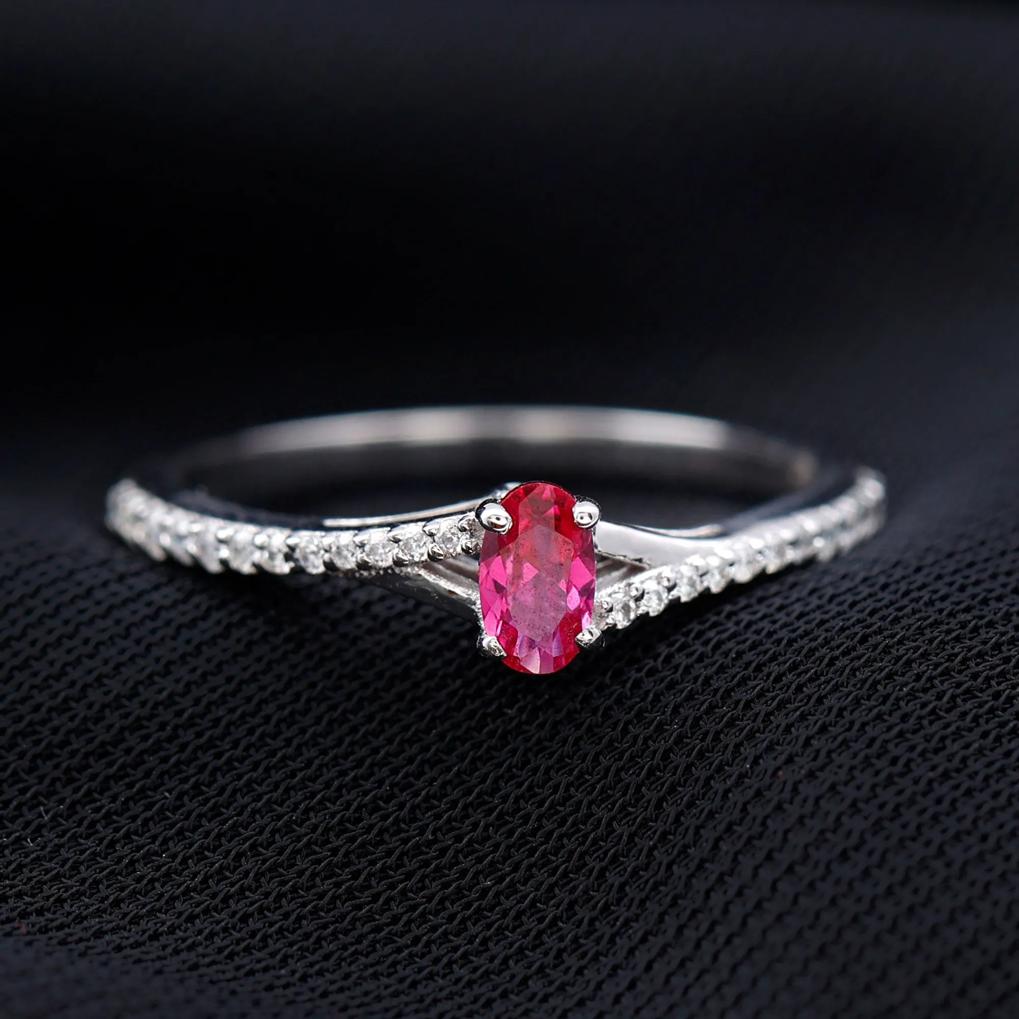 1/2 CT Split Shank Lab Grown Ruby Simple Solitaire Ring with Diamond
