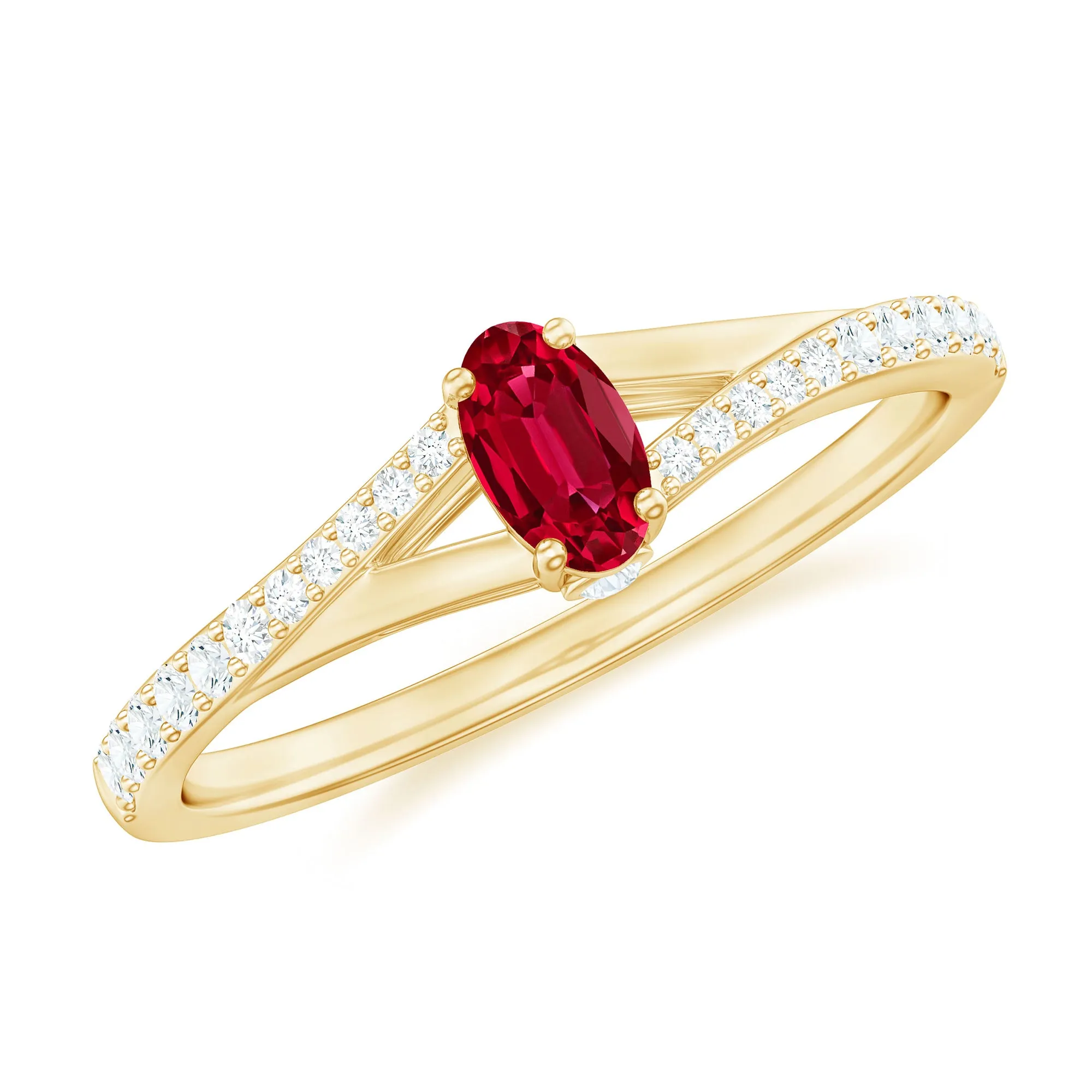 1/2 CT Split Shank Lab Grown Ruby Simple Solitaire Ring with Diamond