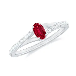 1/2 CT Split Shank Lab Grown Ruby Simple Solitaire Ring with Diamond