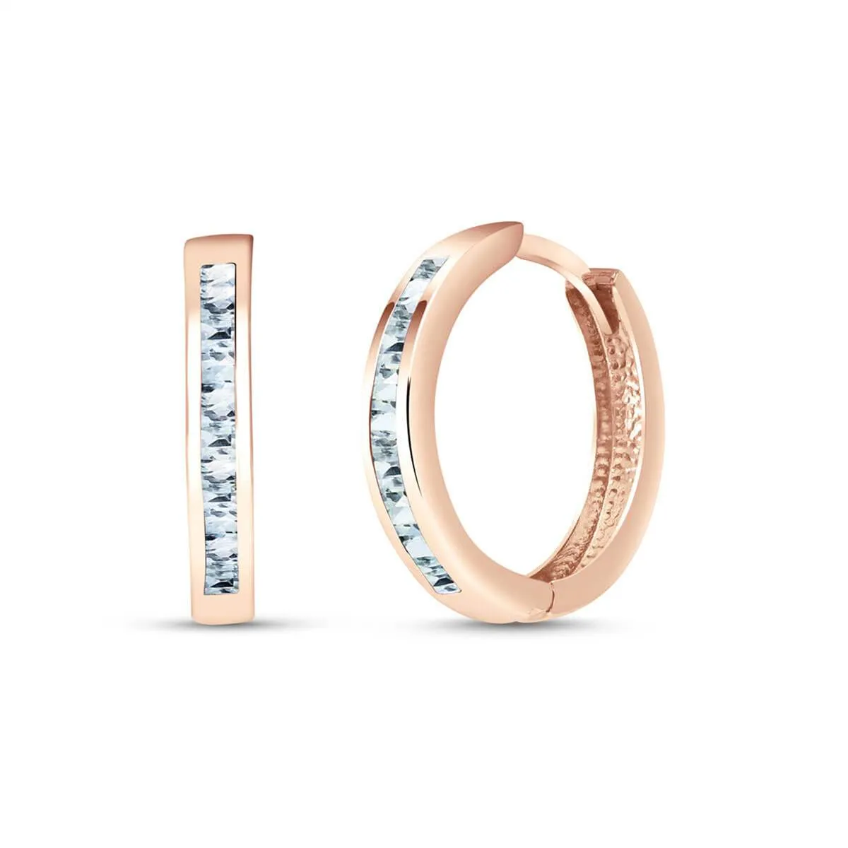 14K Solid Rose Gold Hoop Huggie Earrings w/ Aquamarines