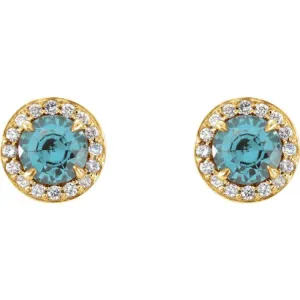 14K Yellow 5 mm Natural Aquamarine & 1/8 CTW Natural Diamond Earrings