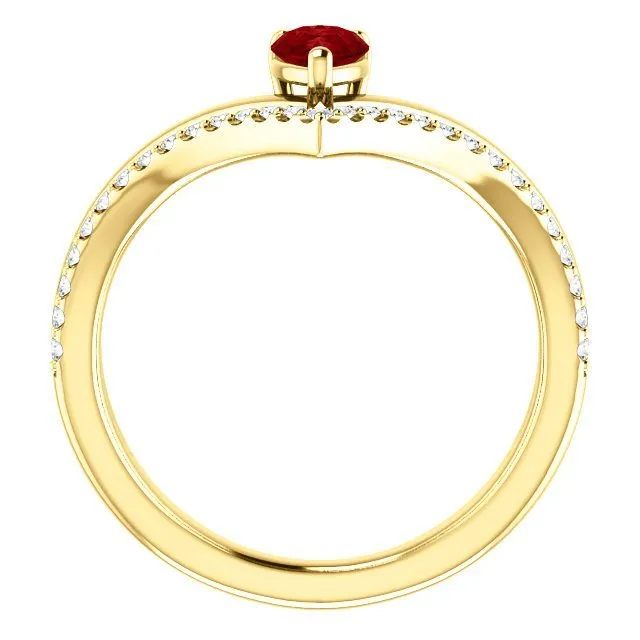 14KT GOLD 1/2 CT PEAR RUBY & 1/6 CTW DIAMOND NEGATIVE SPACE "V" RING