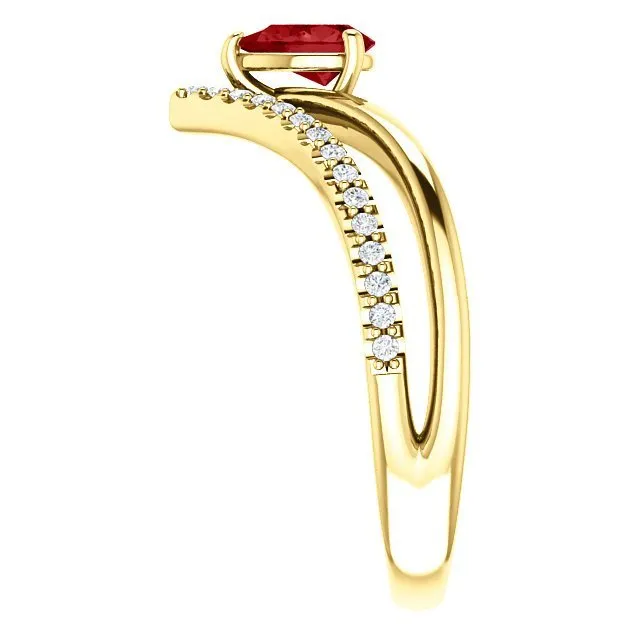 14KT GOLD 1/2 CT PEAR RUBY & 1/6 CTW DIAMOND NEGATIVE SPACE "V" RING