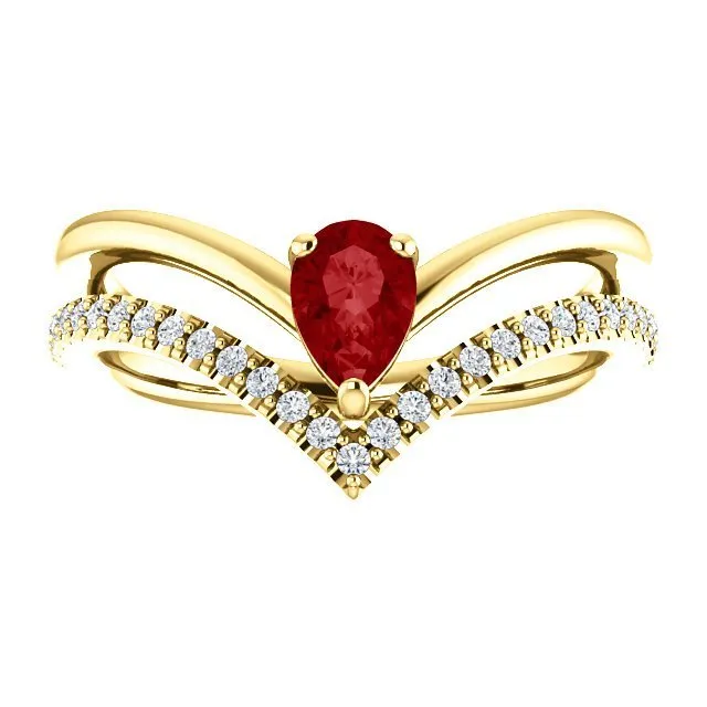 14KT GOLD 1/2 CT PEAR RUBY & 1/6 CTW DIAMOND NEGATIVE SPACE "V" RING