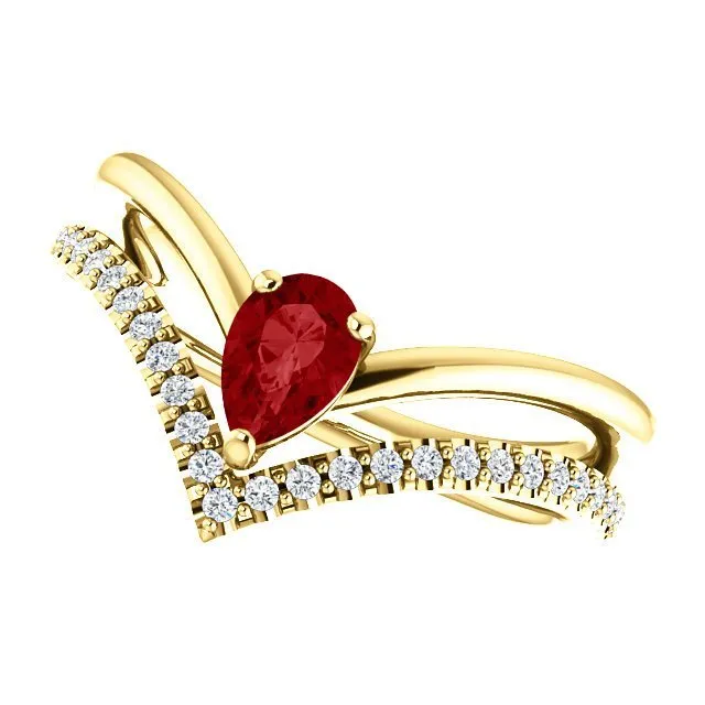 14KT GOLD 1/2 CT PEAR RUBY & 1/6 CTW DIAMOND NEGATIVE SPACE "V" RING