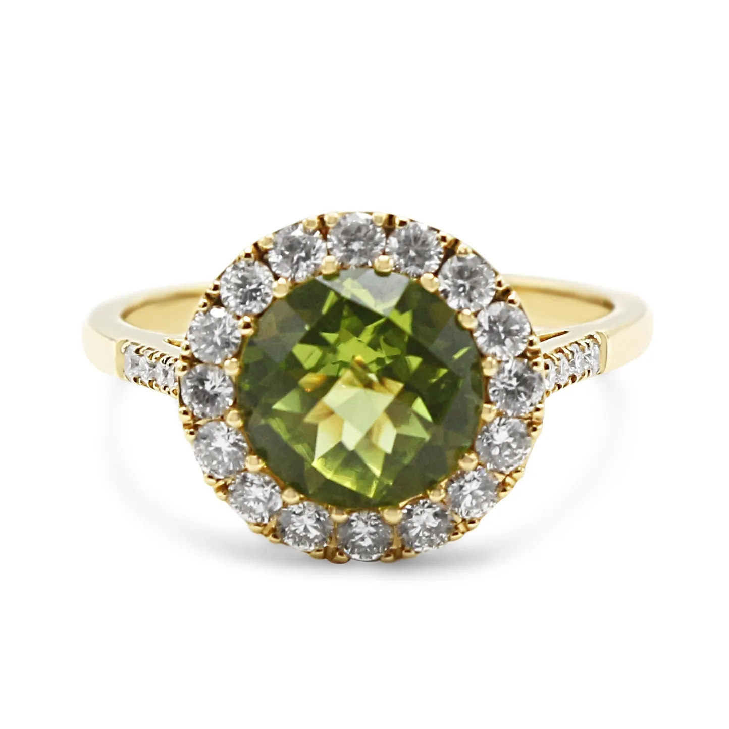 18ct Yellow Gold Diamond & Peridot Cluster Ring, Diamond Shoulders