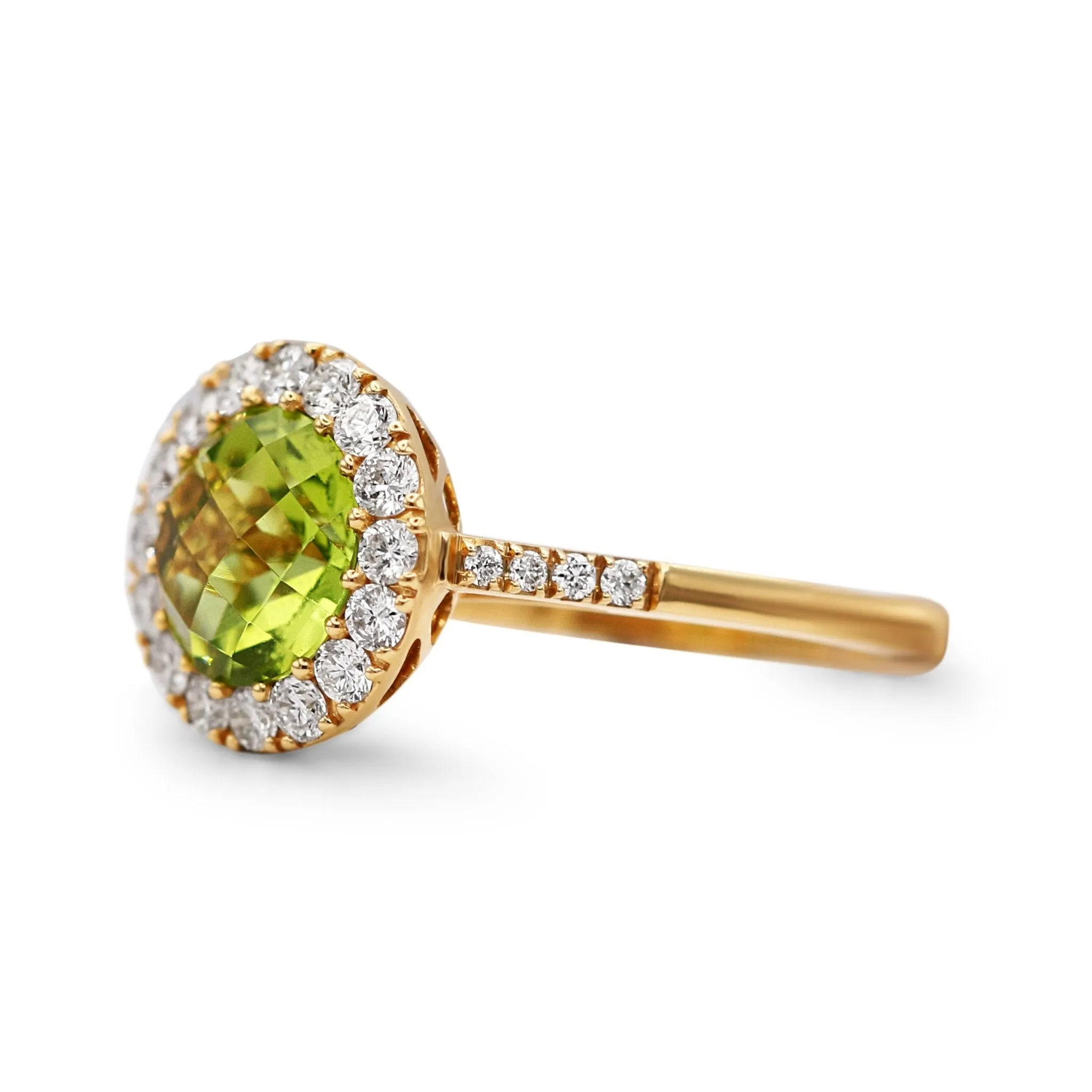18ct Yellow Gold Diamond & Peridot Cluster Ring, Diamond Shoulders