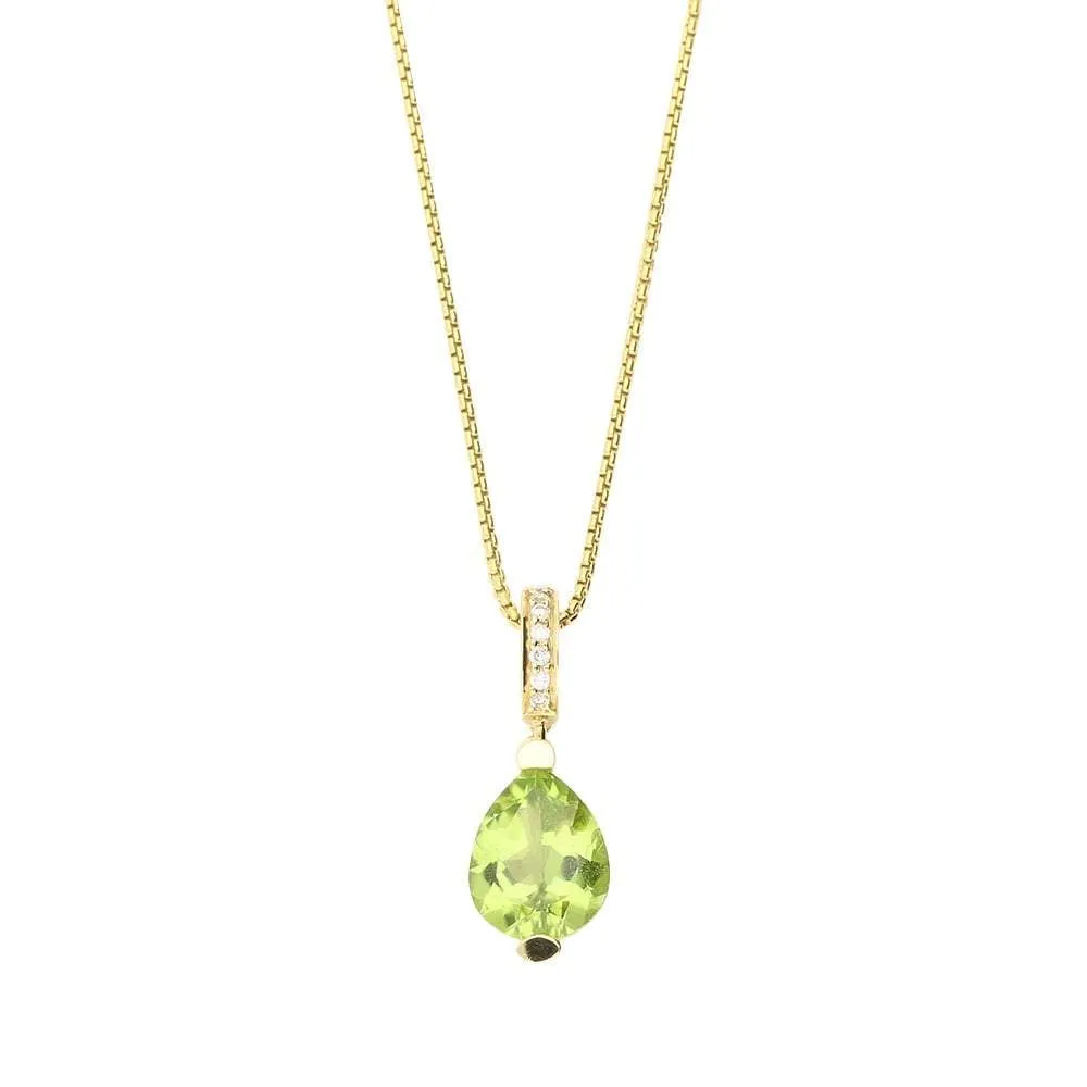 18ct Yellow gold peridot teardrop pendant with diamond set bail.