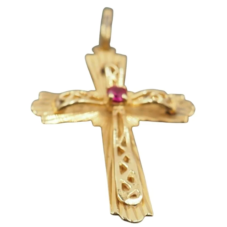 18ct Yellow Gold Ruby Ornate Cross Pendant