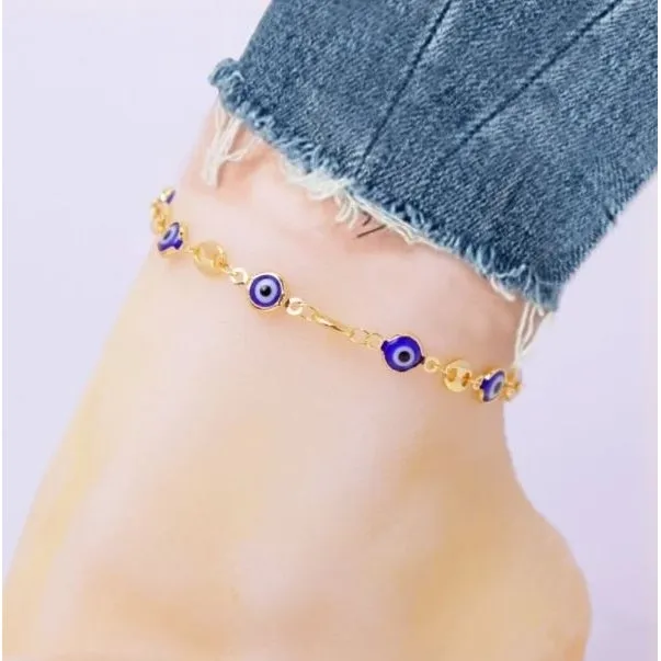 18K Gold Plated Mariner Blue Evil Eye Crystal Anklet