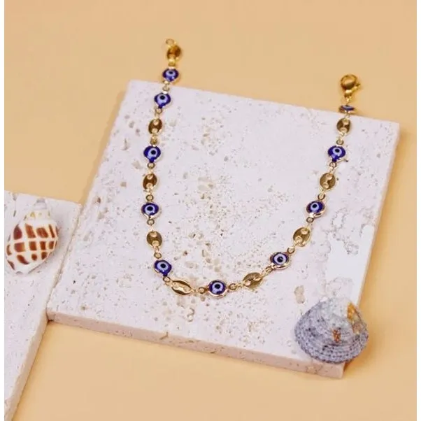 18K Gold Plated Mariner Blue Evil Eye Crystal Anklet