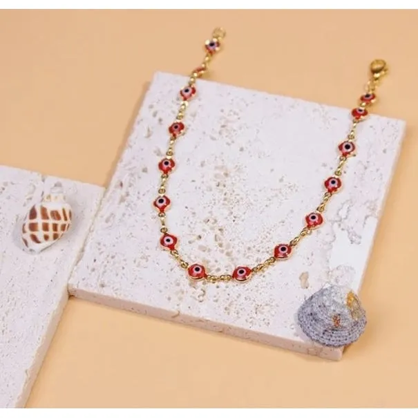 18K Gold Plated Mariner Red Evil Eye Crystal Anklet