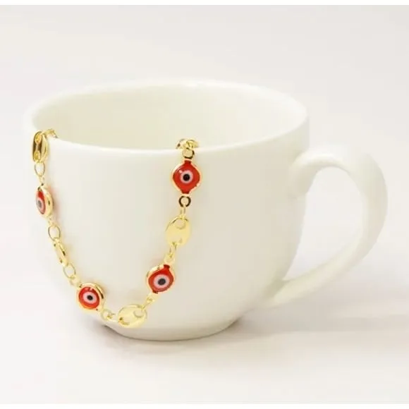 18K Gold Plated Mariner Red Evil Eye Crystal Anklet