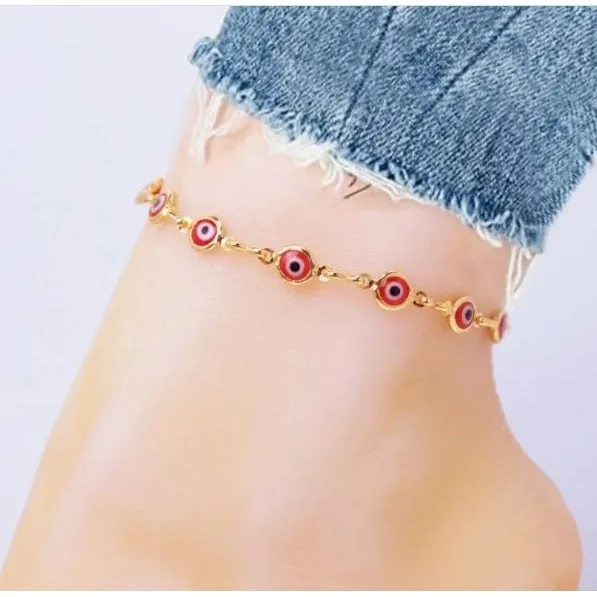 18K Gold Plated Mariner Red Evil Eye Crystal Anklet