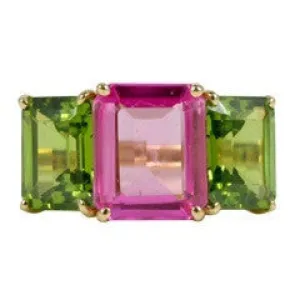18kt Yellow Gold Emerald Cut Ring with Peridot and Pink Topaz