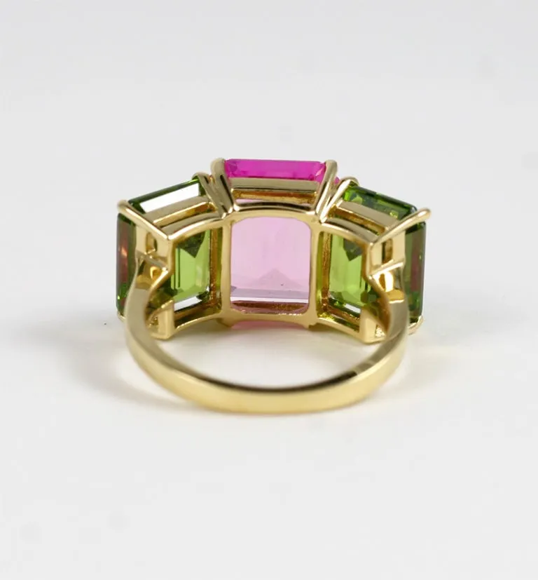 18kt Yellow Gold Emerald Cut Ring with Peridot and Pink Topaz