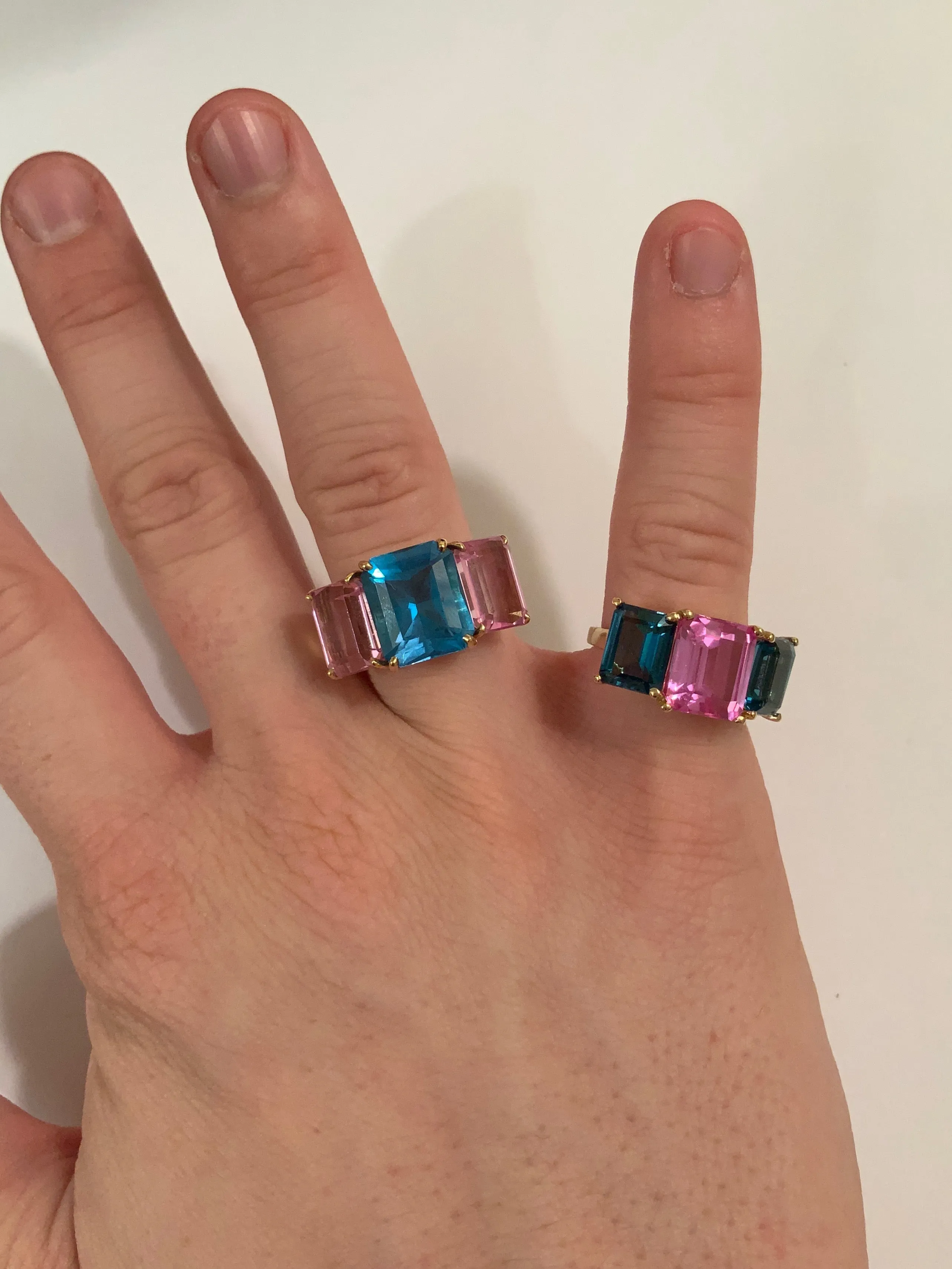 18kt Yellow Gold Emerald Cut Ring with Peridot and Pink Topaz