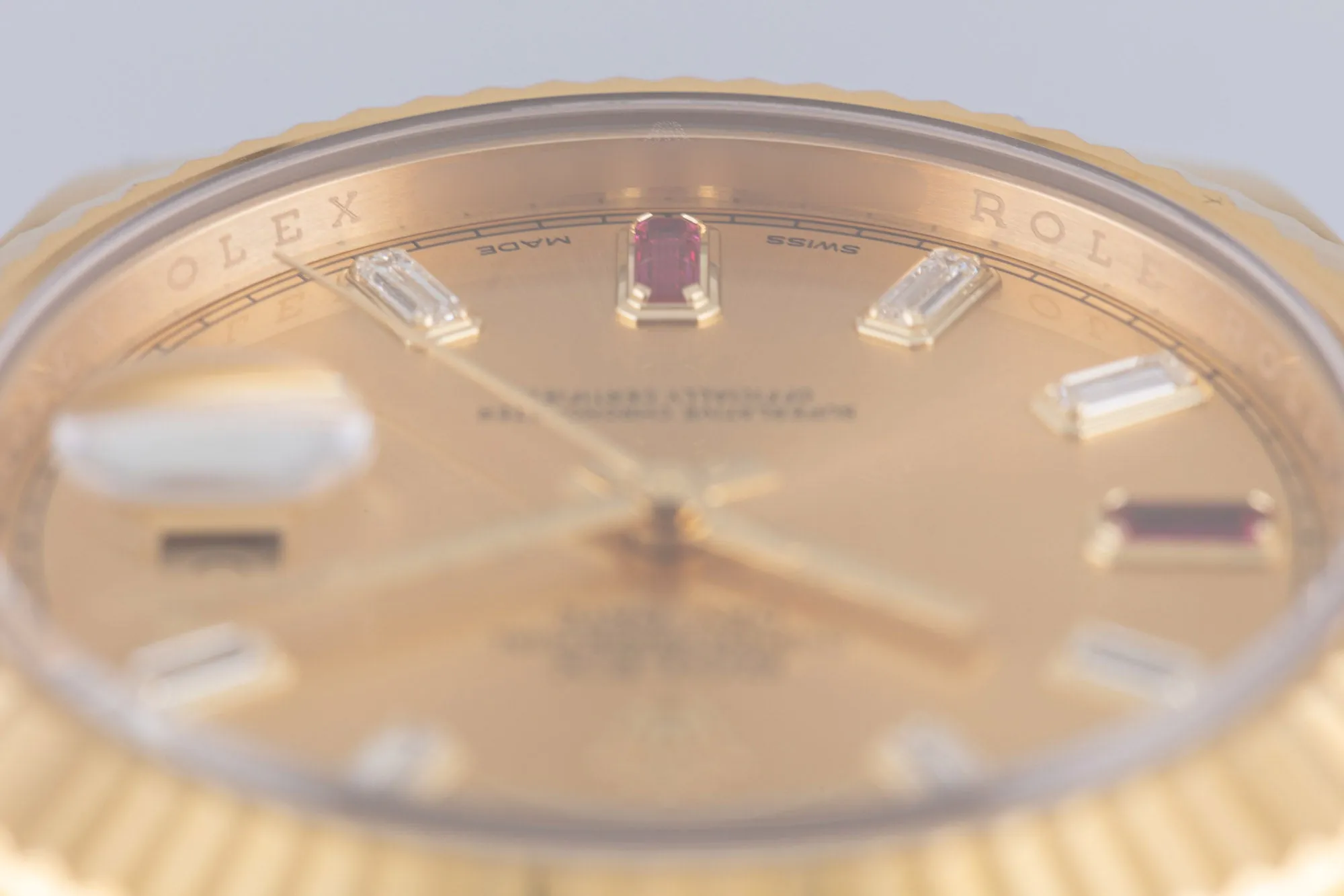 2014 Rolex 41mm Day-Date II 218238 18k Champagne 8 Diamonds 2 Ruby Baguettes Box & Card