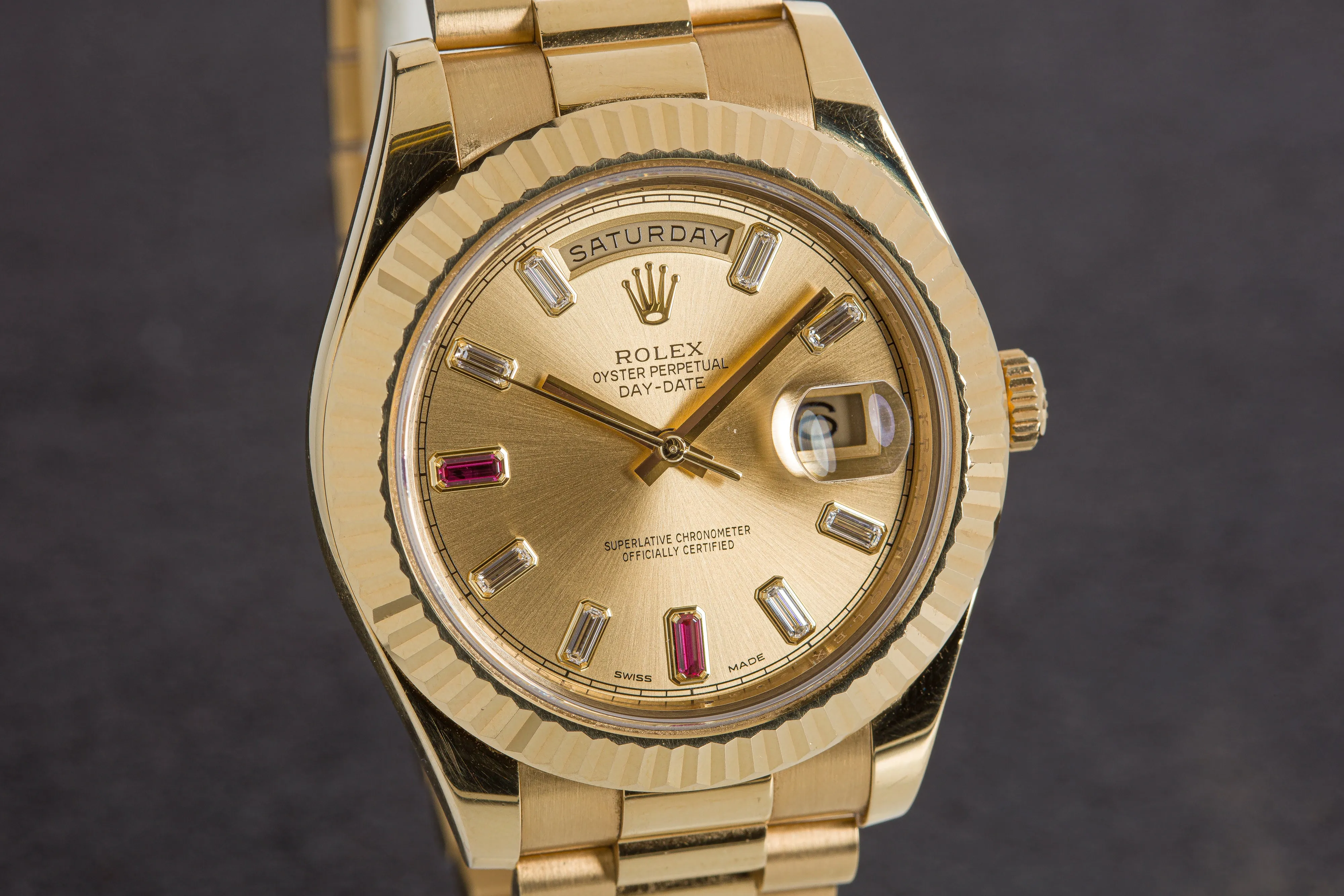 2014 Rolex 41mm Day-Date II 218238 18k Champagne 8 Diamonds 2 Ruby Baguettes Box & Card