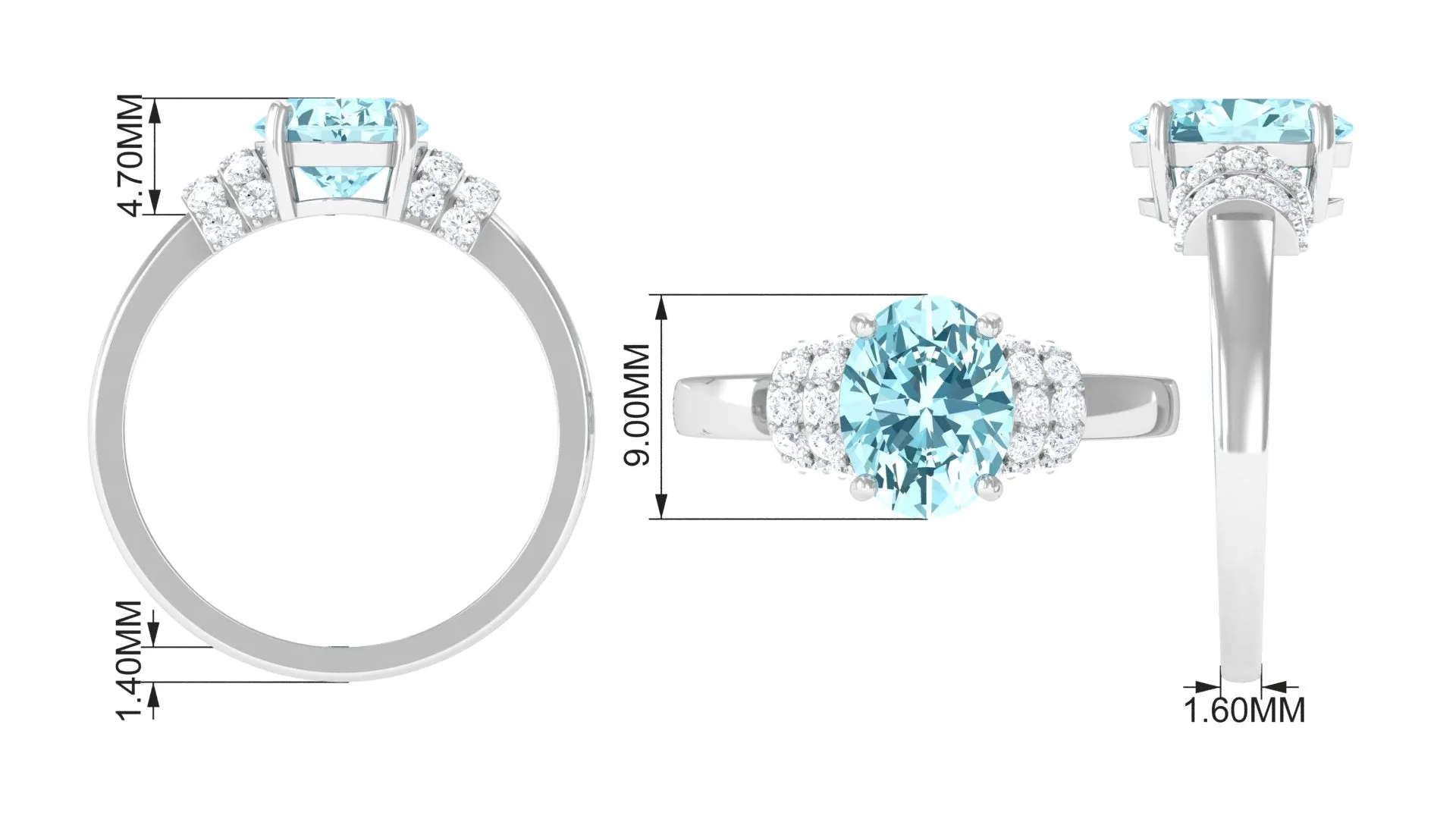 2.25 CT Oval Cut Aquamarine Engagement Ring with Moissanite Collar
