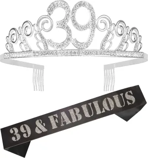 39th Birthday Tiara and Sash silver , 39th Birthday Gifts for lady, HAPPY 39th Birthday