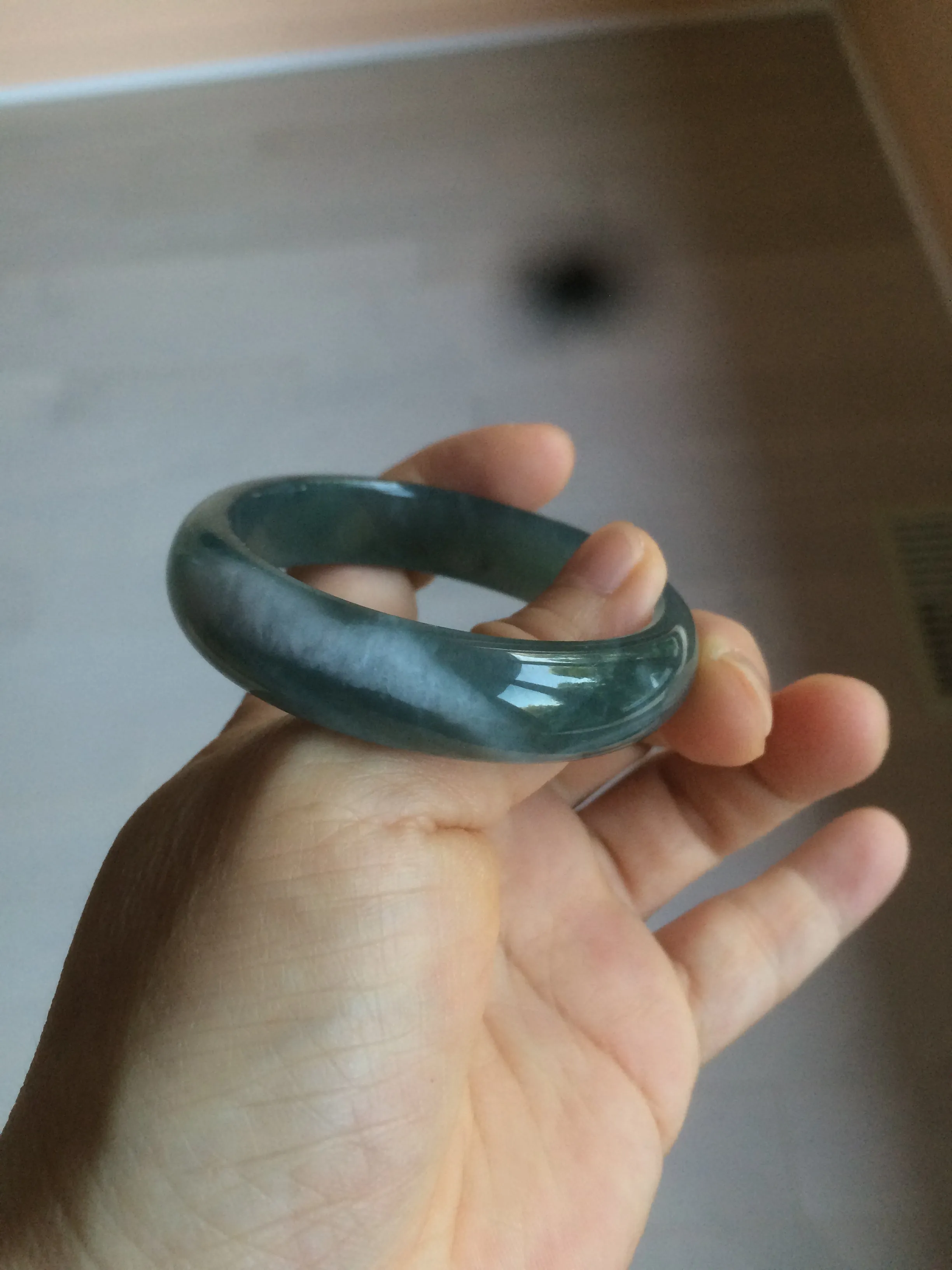 49mm Certified Type A 100% Natural icy watery deep sea green/blue/gray/white oval Guatemala Jadeite bangle F123-2259