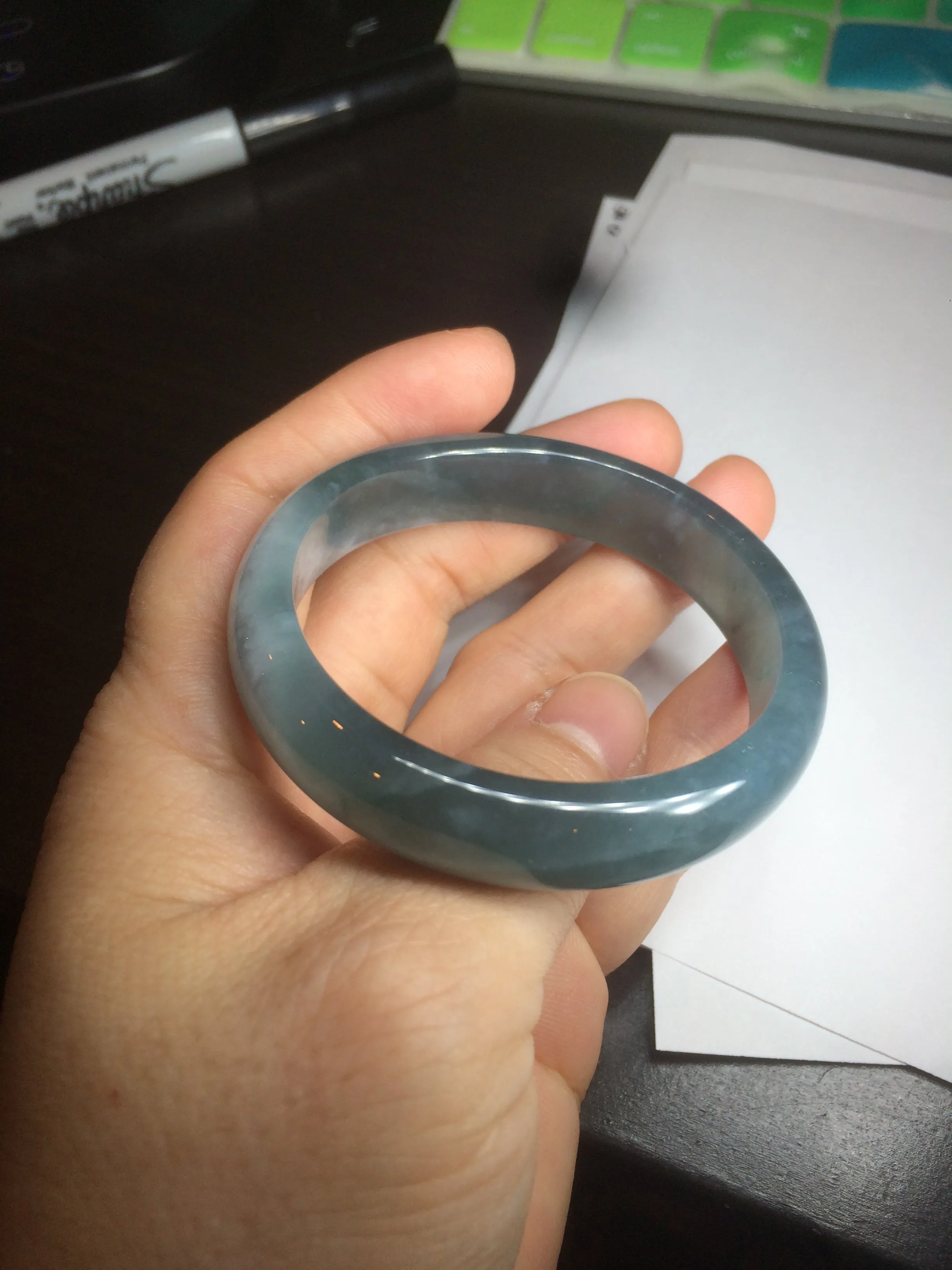 49mm Certified Type A 100% Natural icy watery deep sea green/blue/gray/white oval Guatemala Jadeite bangle F123-2259
