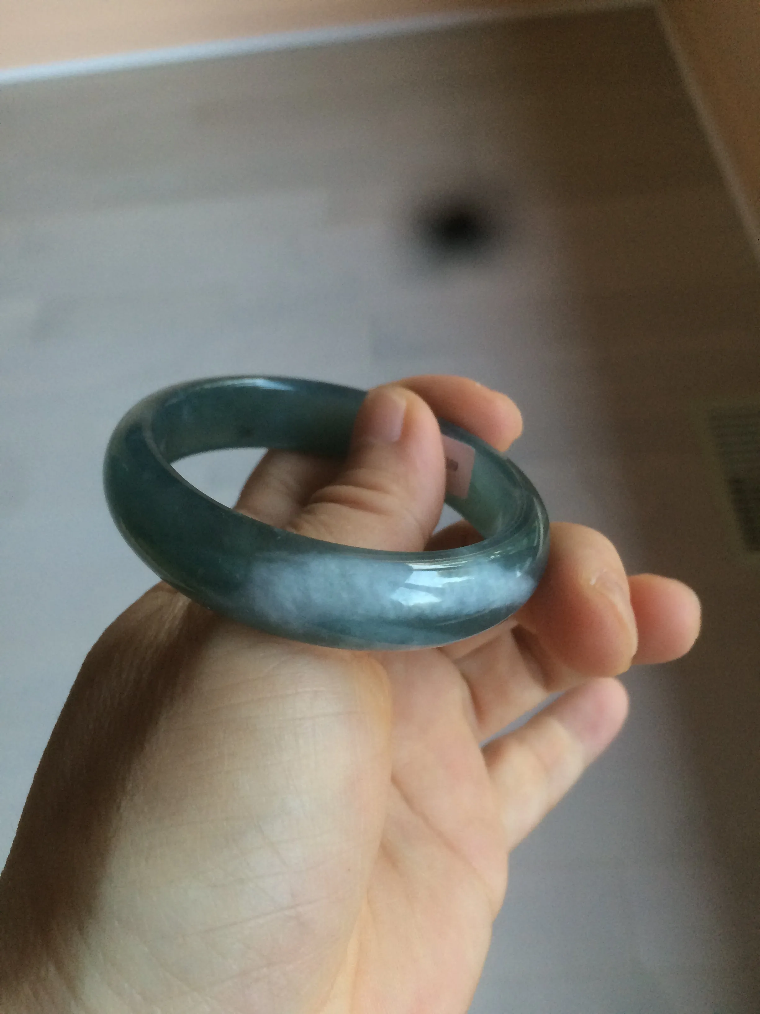 49mm Certified Type A 100% Natural icy watery deep sea green/blue/gray/white oval Guatemala Jadeite bangle F123-2259