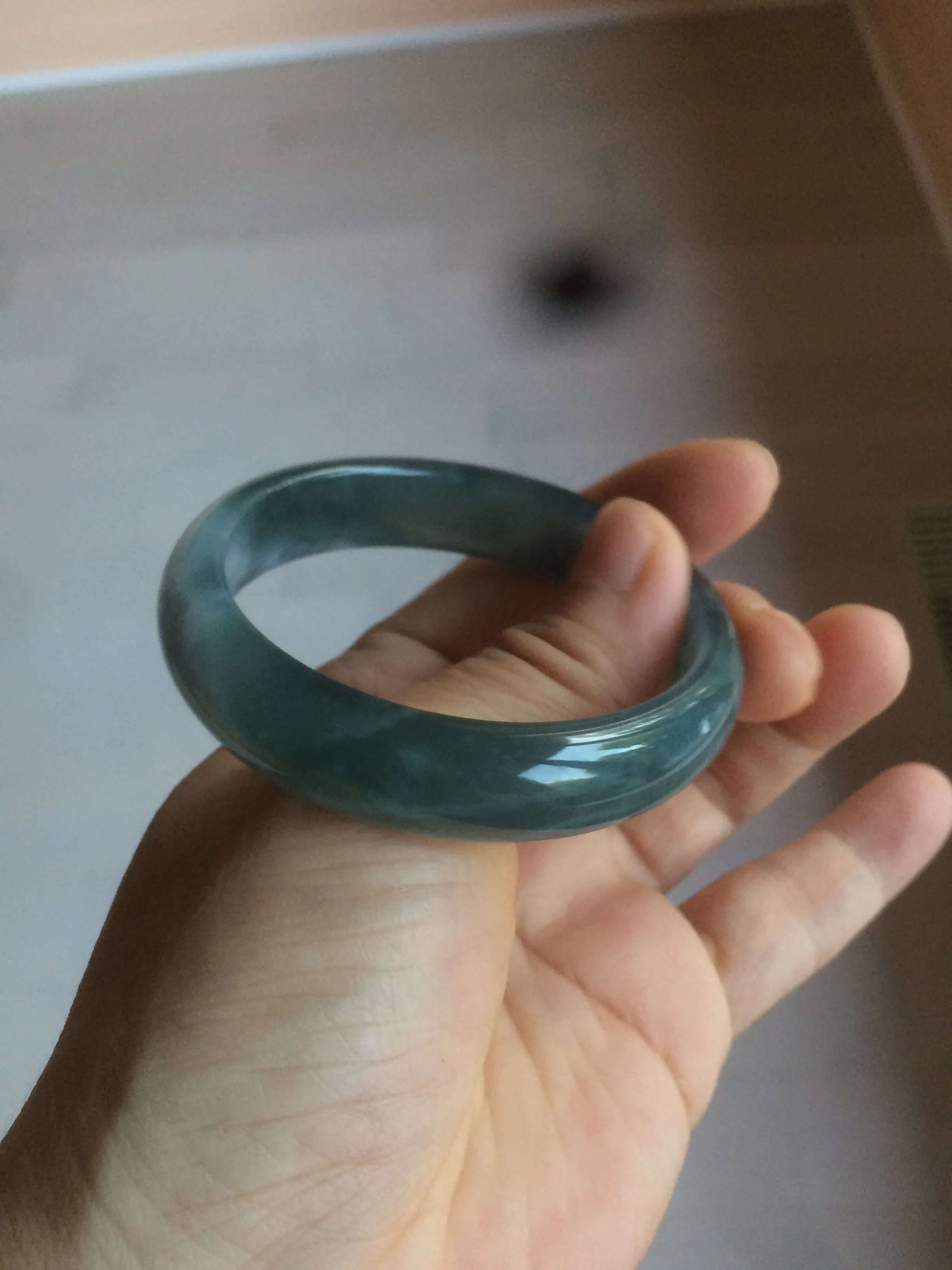 49mm Certified Type A 100% Natural icy watery deep sea green/blue/gray/white oval Guatemala Jadeite bangle F123-2259
