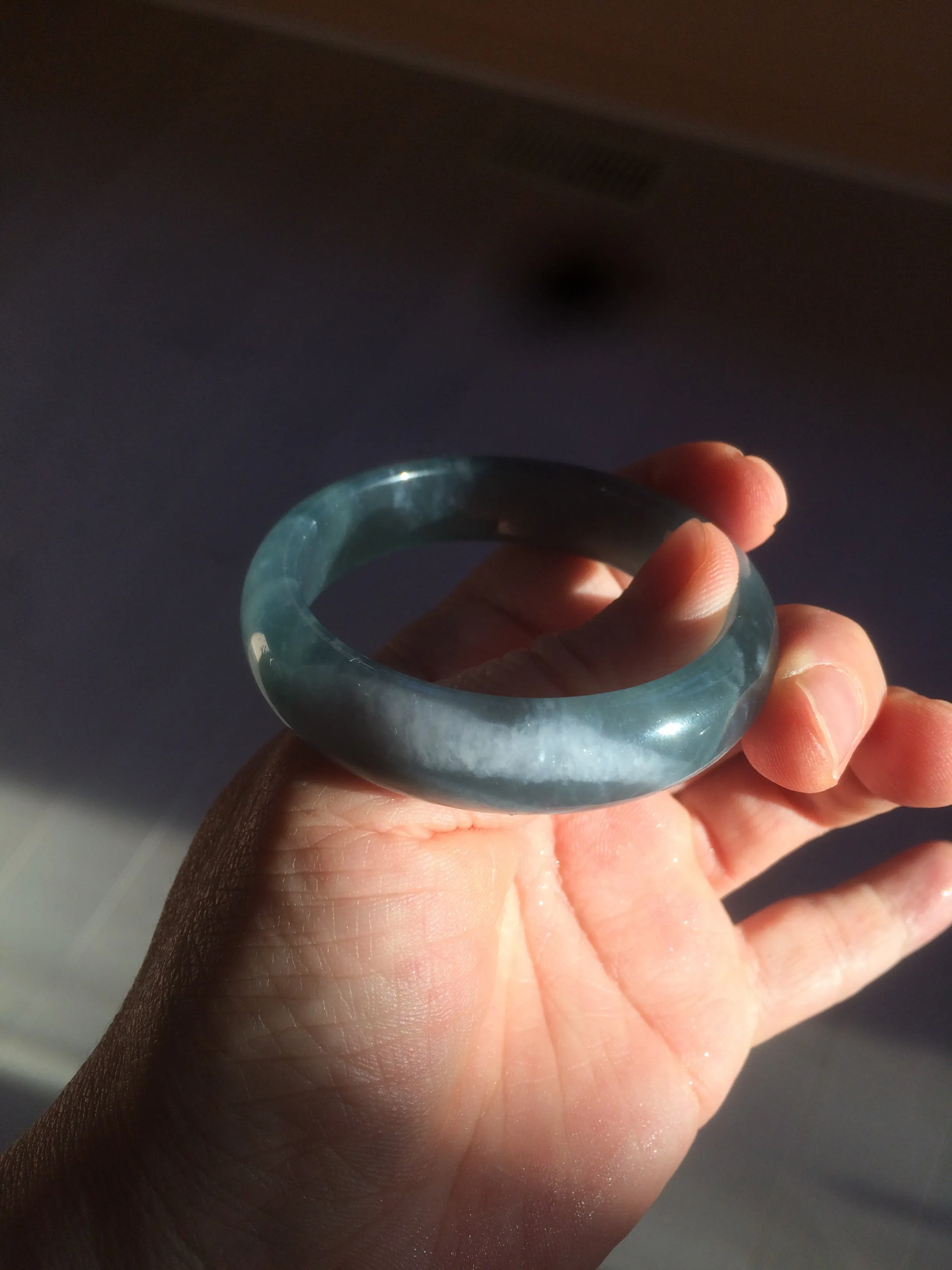 49mm Certified Type A 100% Natural icy watery deep sea green/blue/gray/white oval Guatemala Jadeite bangle F123-2259