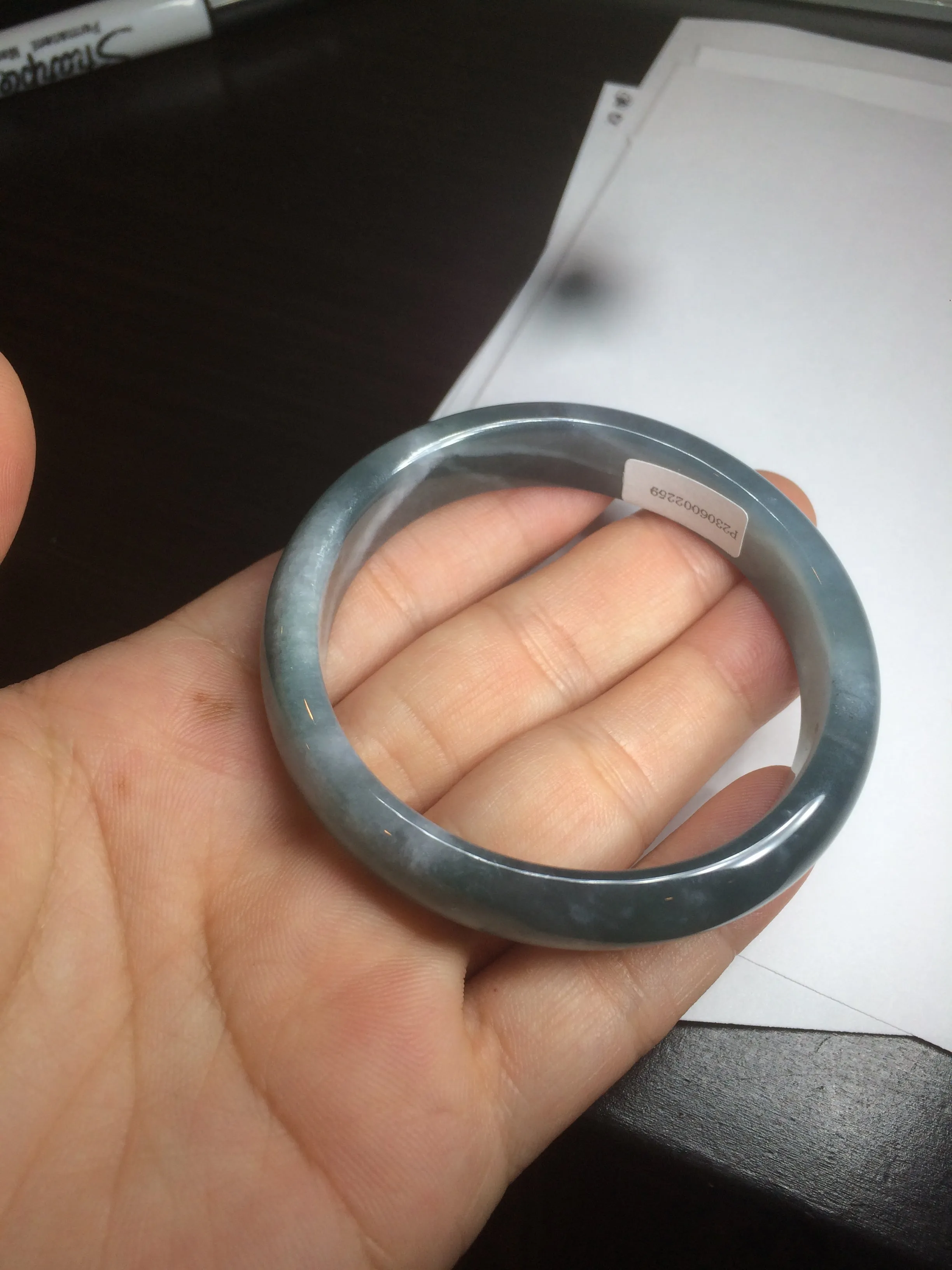 49mm Certified Type A 100% Natural icy watery deep sea green/blue/gray/white oval Guatemala Jadeite bangle F123-2259