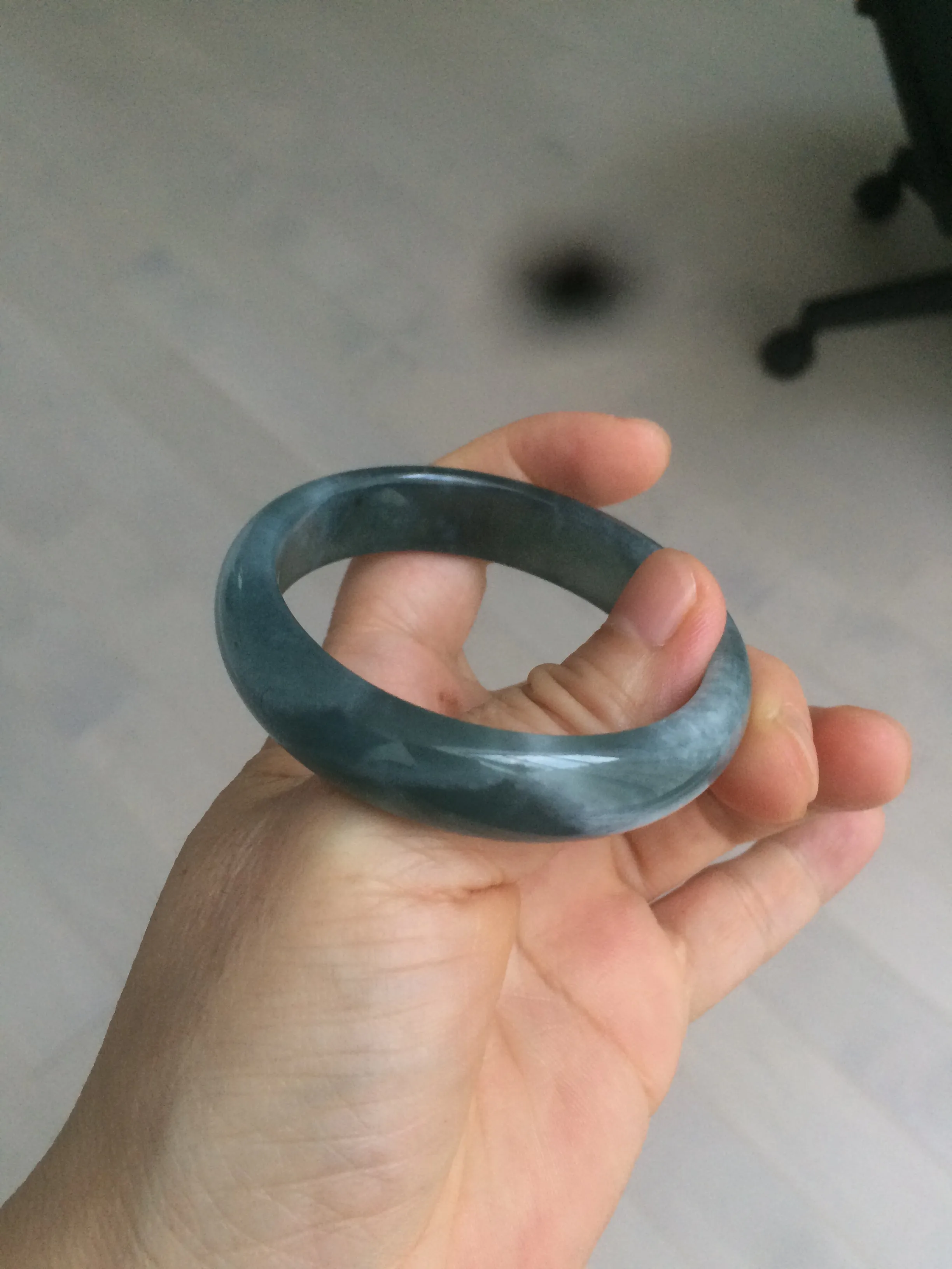 49mm Certified Type A 100% Natural icy watery deep sea green/blue/gray/white oval Guatemala Jadeite bangle F123-2259