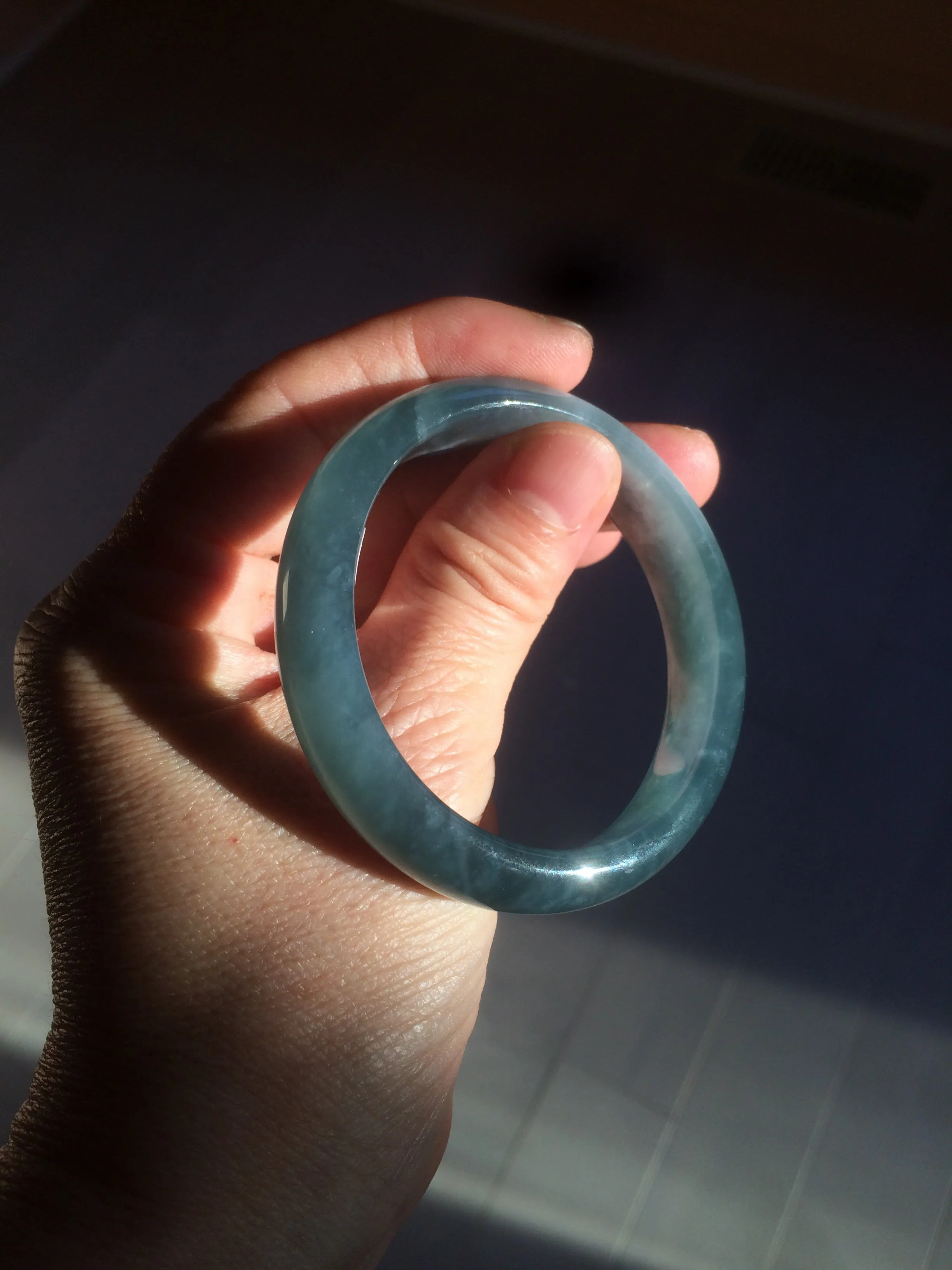 49mm Certified Type A 100% Natural icy watery deep sea green/blue/gray/white oval Guatemala Jadeite bangle F123-2259