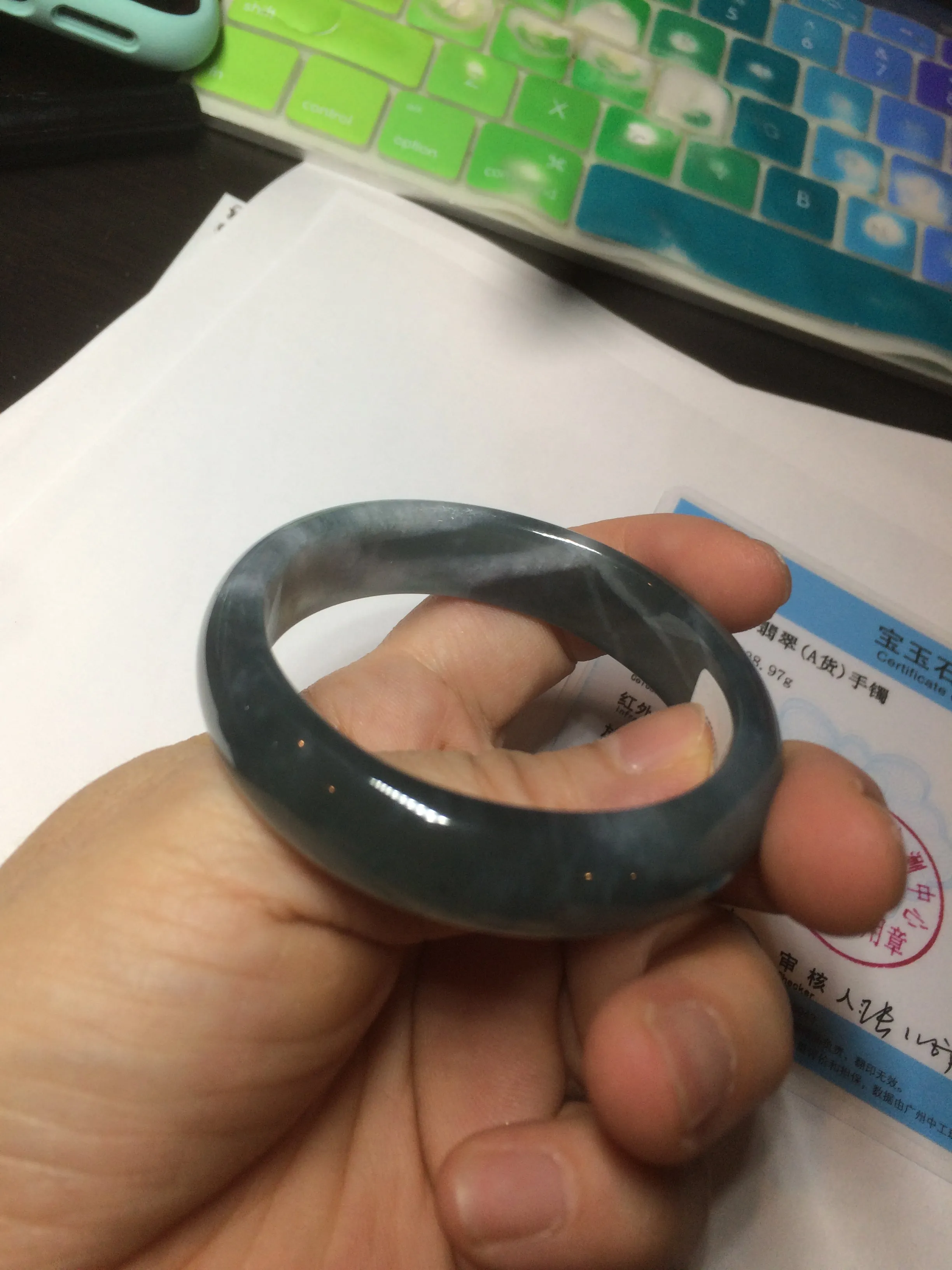 49mm Certified Type A 100% Natural icy watery deep sea green/blue/gray/white oval Guatemala Jadeite bangle F123-2259