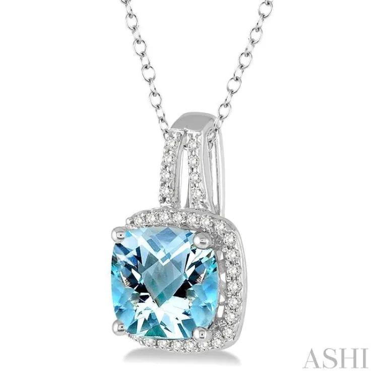 8x8 MM Cushion Cut Aquamarine and 1/5 Ctw Round Cut Diamond Pendant in 10K White Gold with Chain