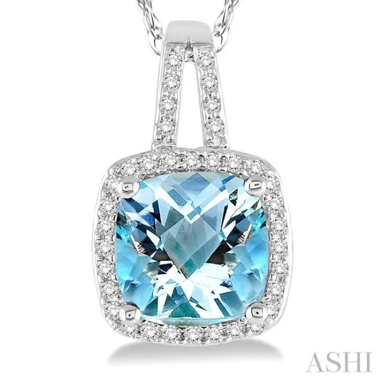 8x8 MM Cushion Cut Aquamarine and 1/5 Ctw Round Cut Diamond Pendant in 10K White Gold with Chain
