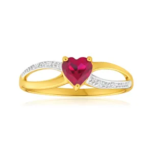 9ct Yellow Gold Alluring Heart Created Ruby   Diamond Ring